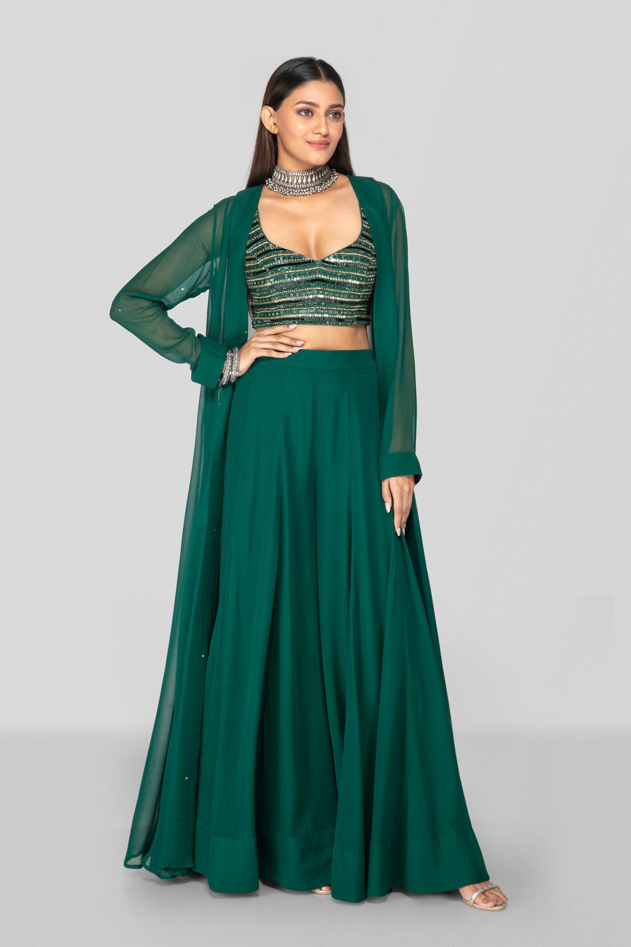 Emerald Green Embellished Sharara And Jacket Set