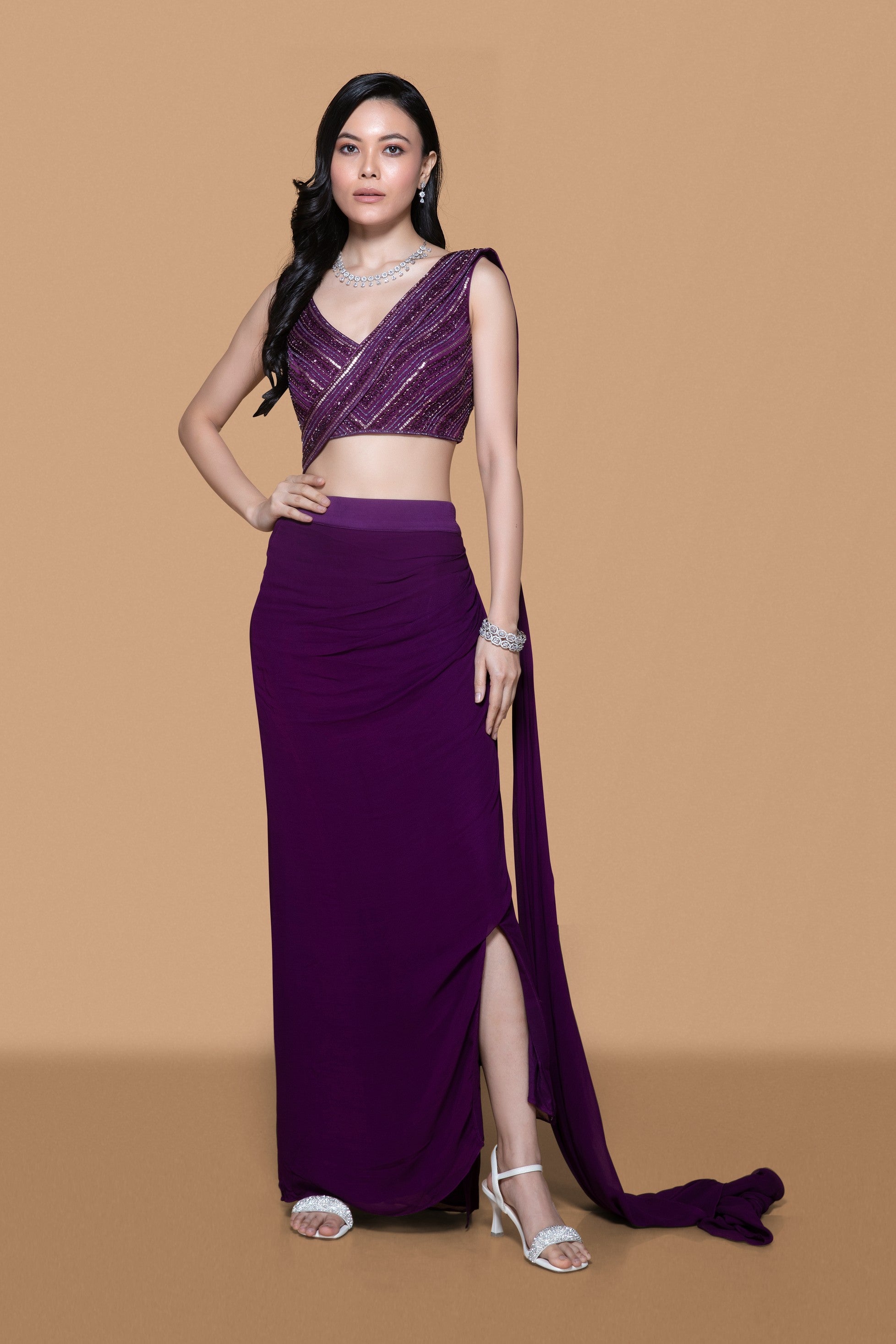 Deep Purple Pre Drape Saree