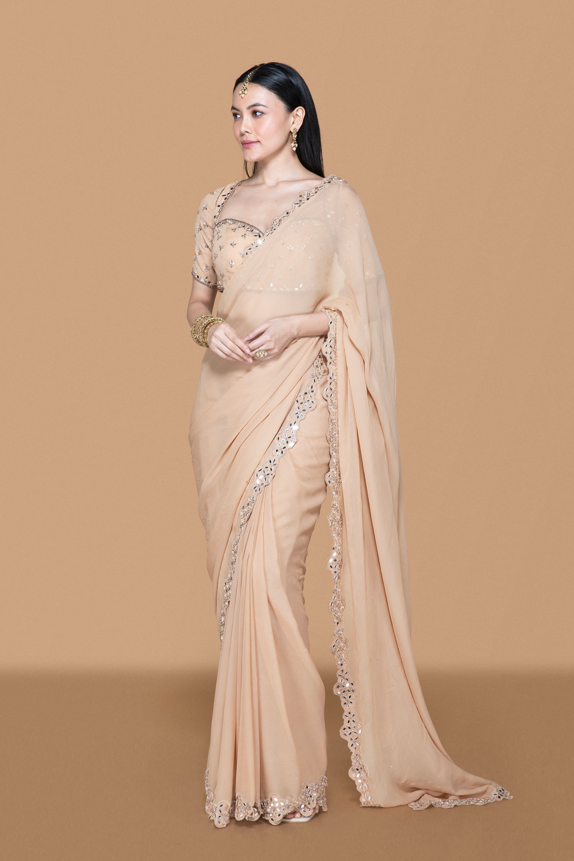 Fawn Mirror Work Pre Drape Saree With Blouse