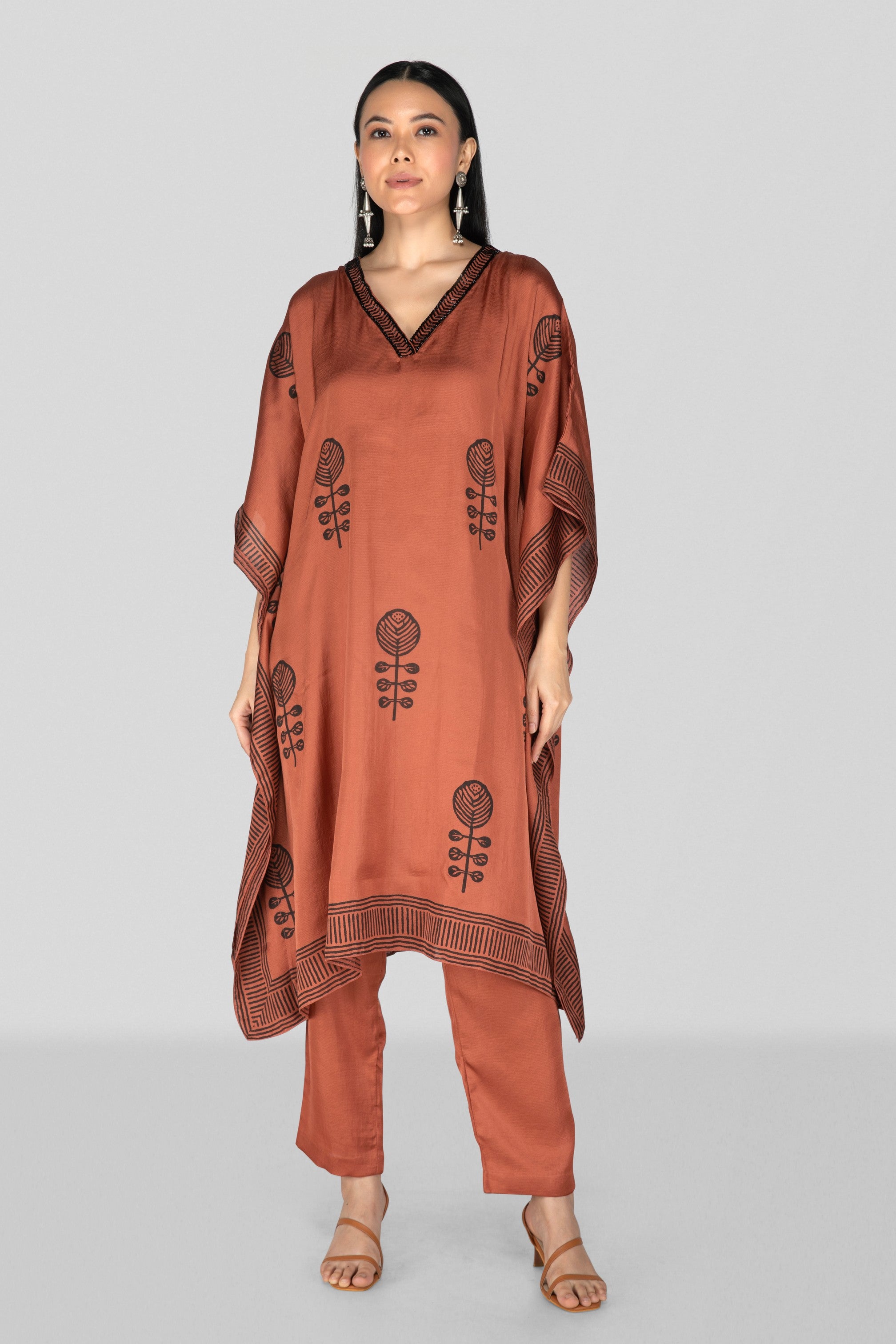 Dark Peach Hand Block Printed Kaftan Set