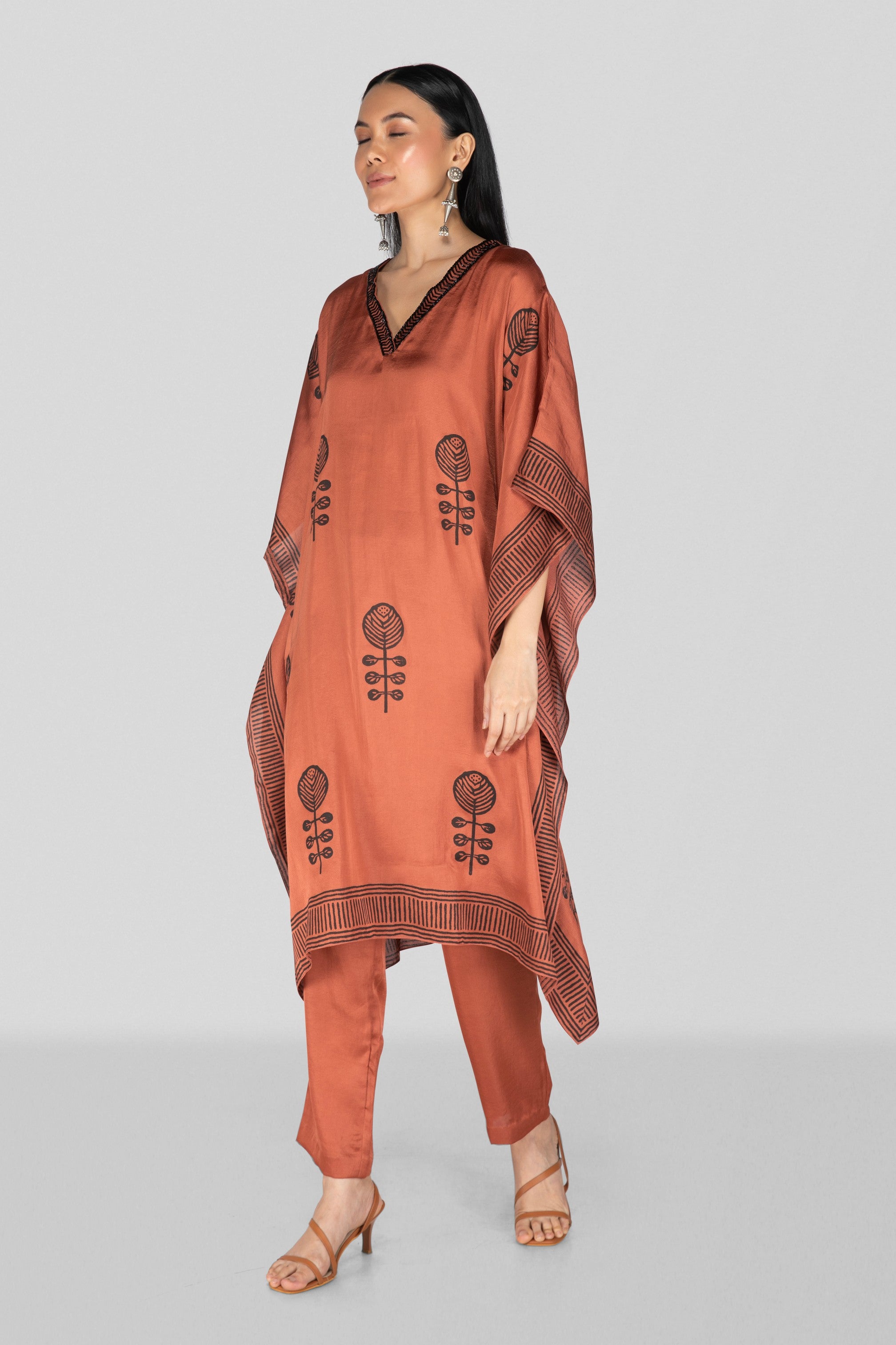 Dark Peach Hand Block Printed Kaftan Set