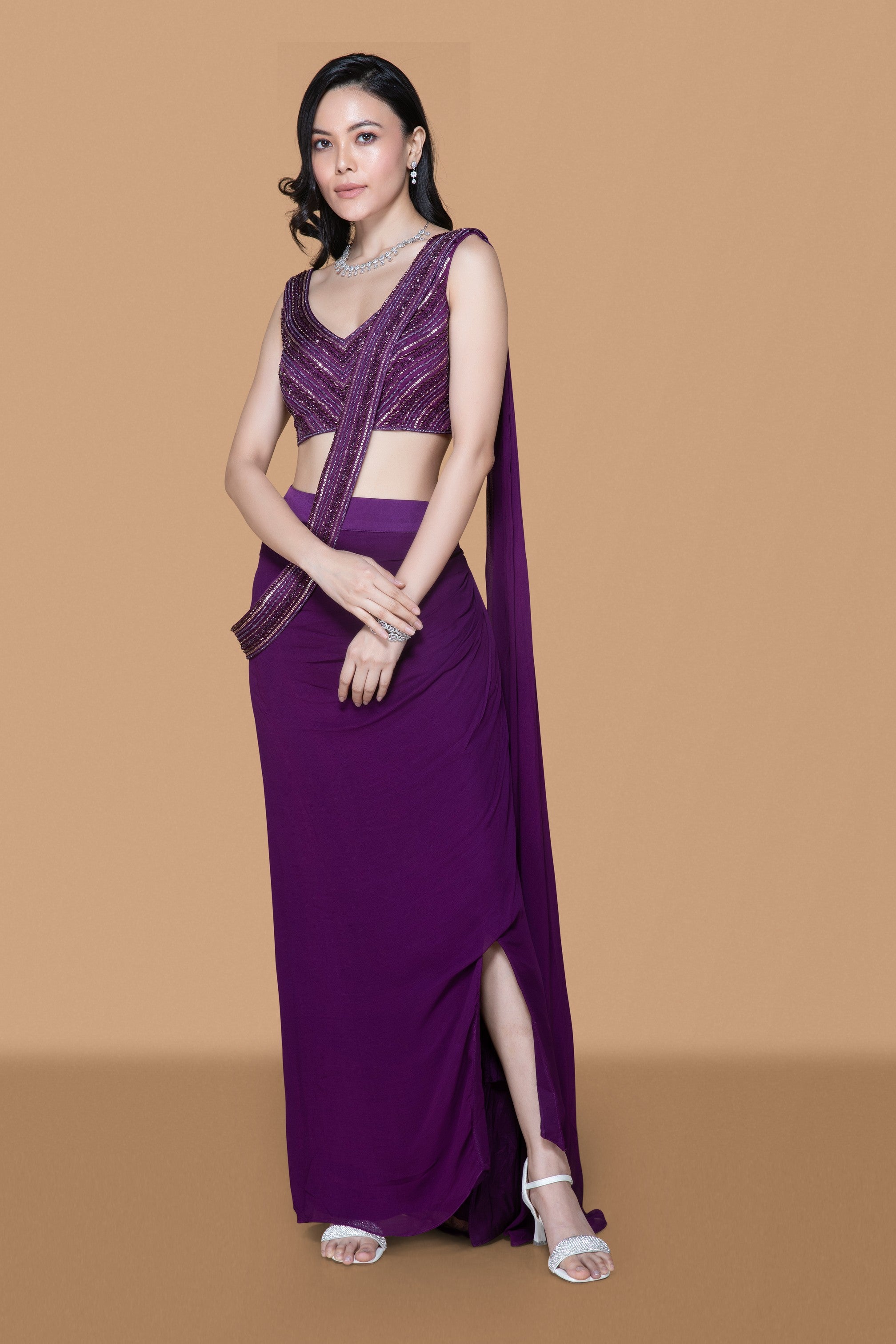 Deep Purple Pre Drape Saree