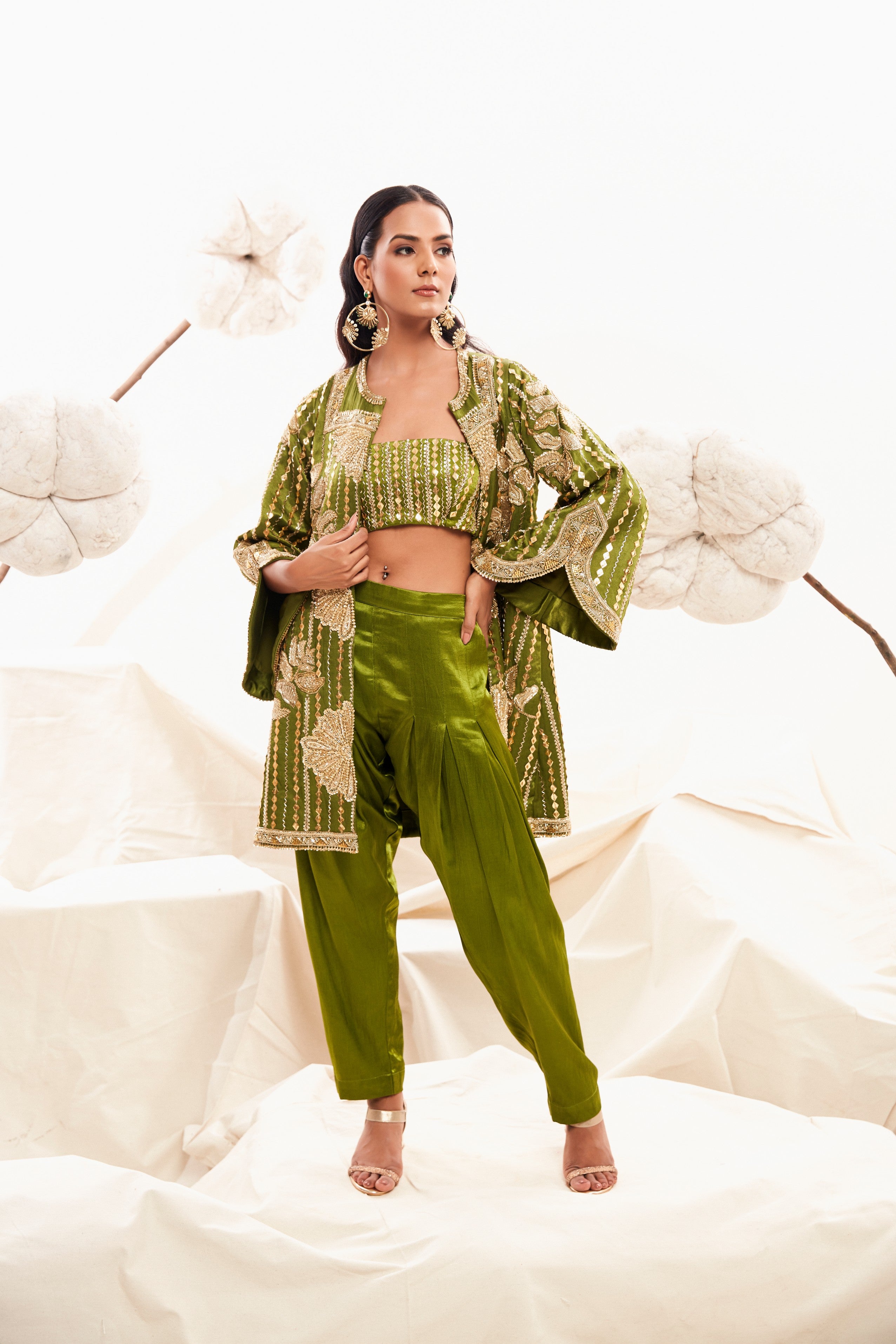 Embellished jacket with bustier and dhoti pants