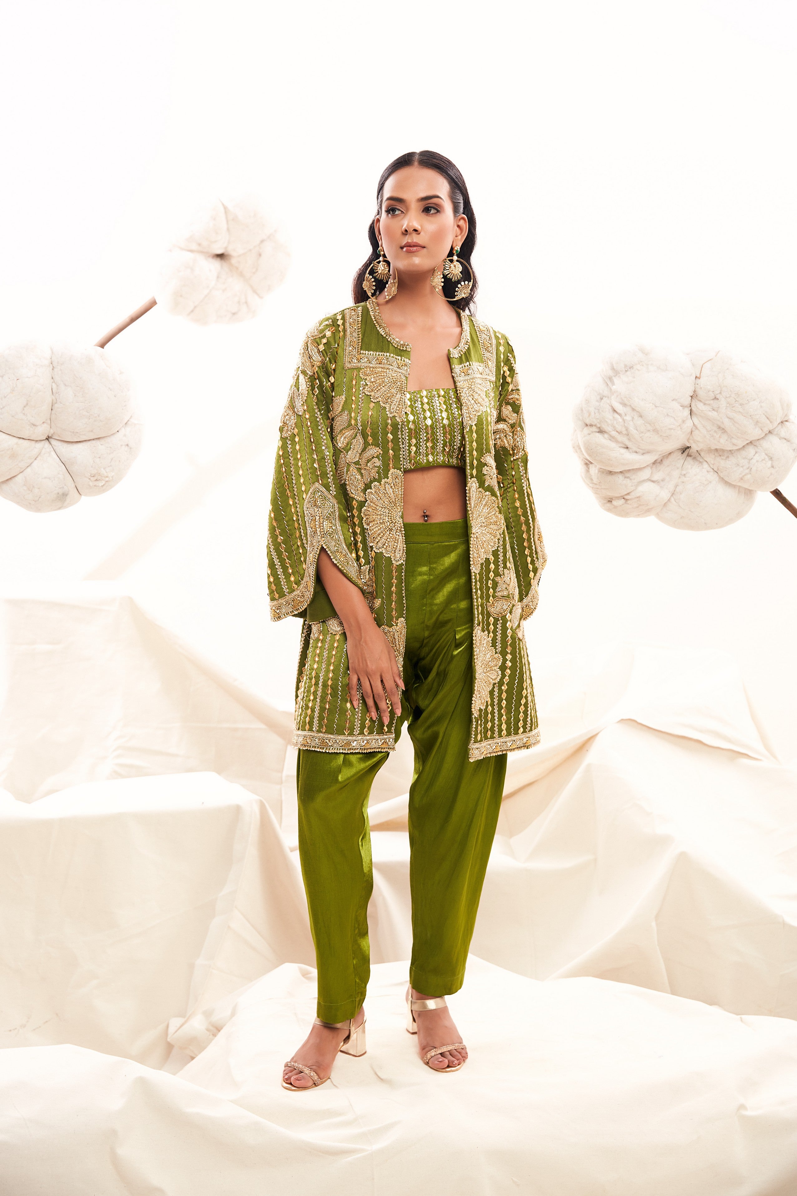 Embellished jacket with bustier and dhoti pants