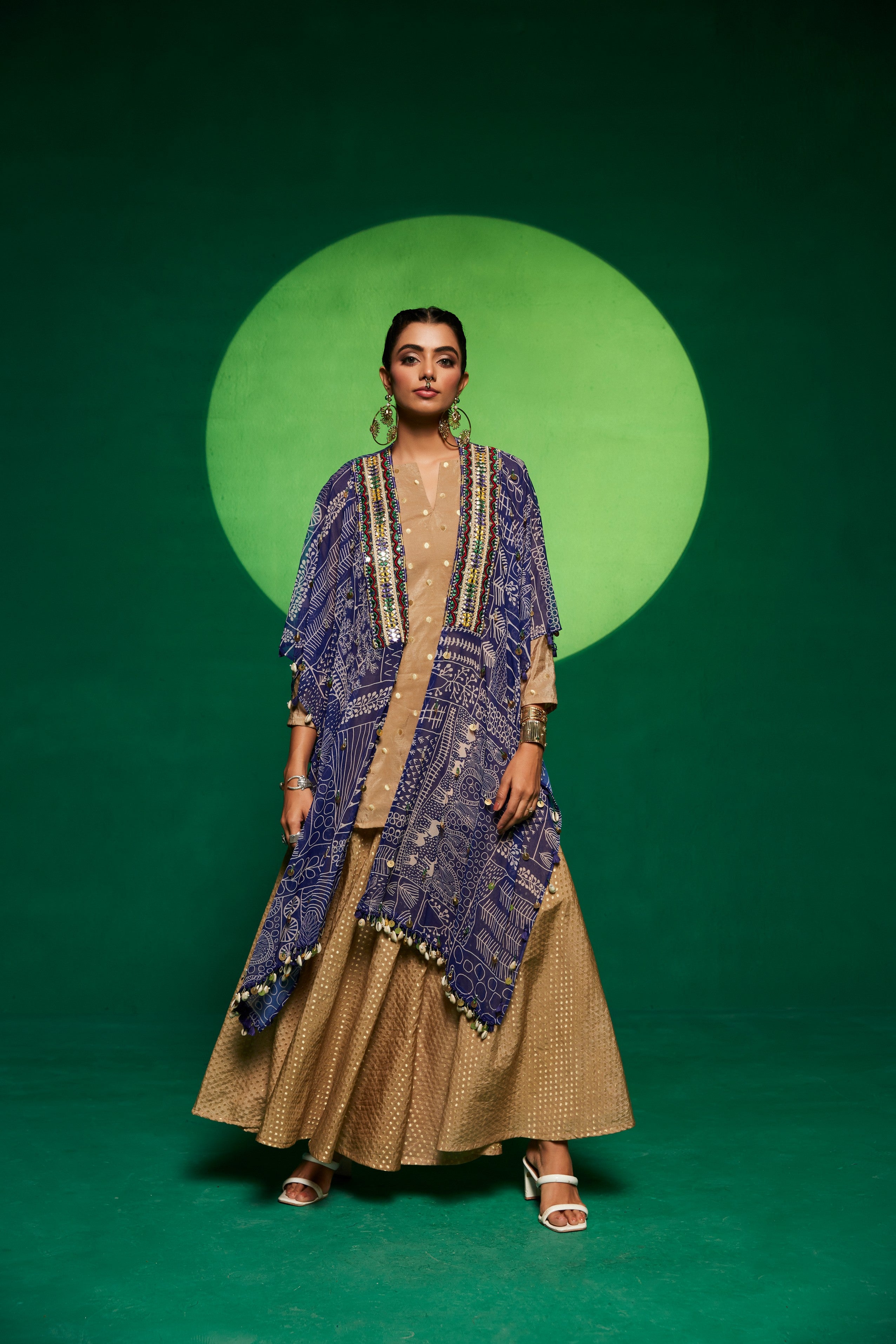 printed Georgette cape with kurta and wide leg pants