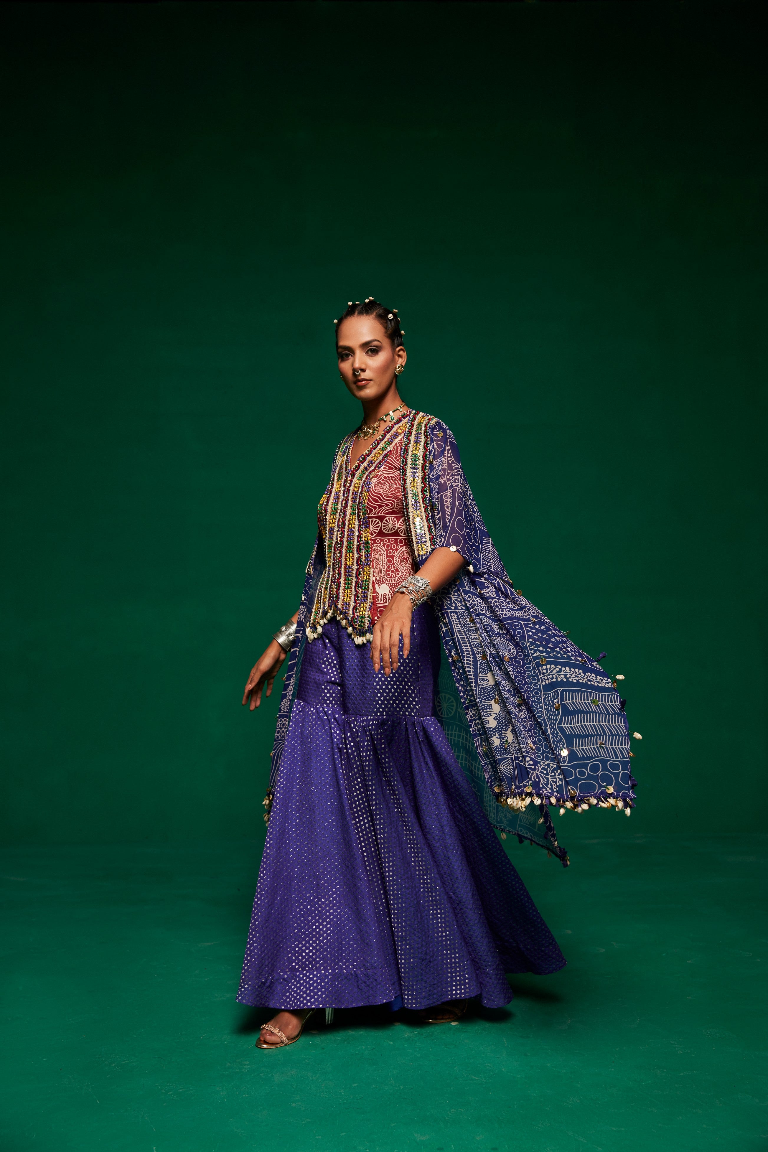 Blue Georgette cape with embroidered waist coat and sharara pants