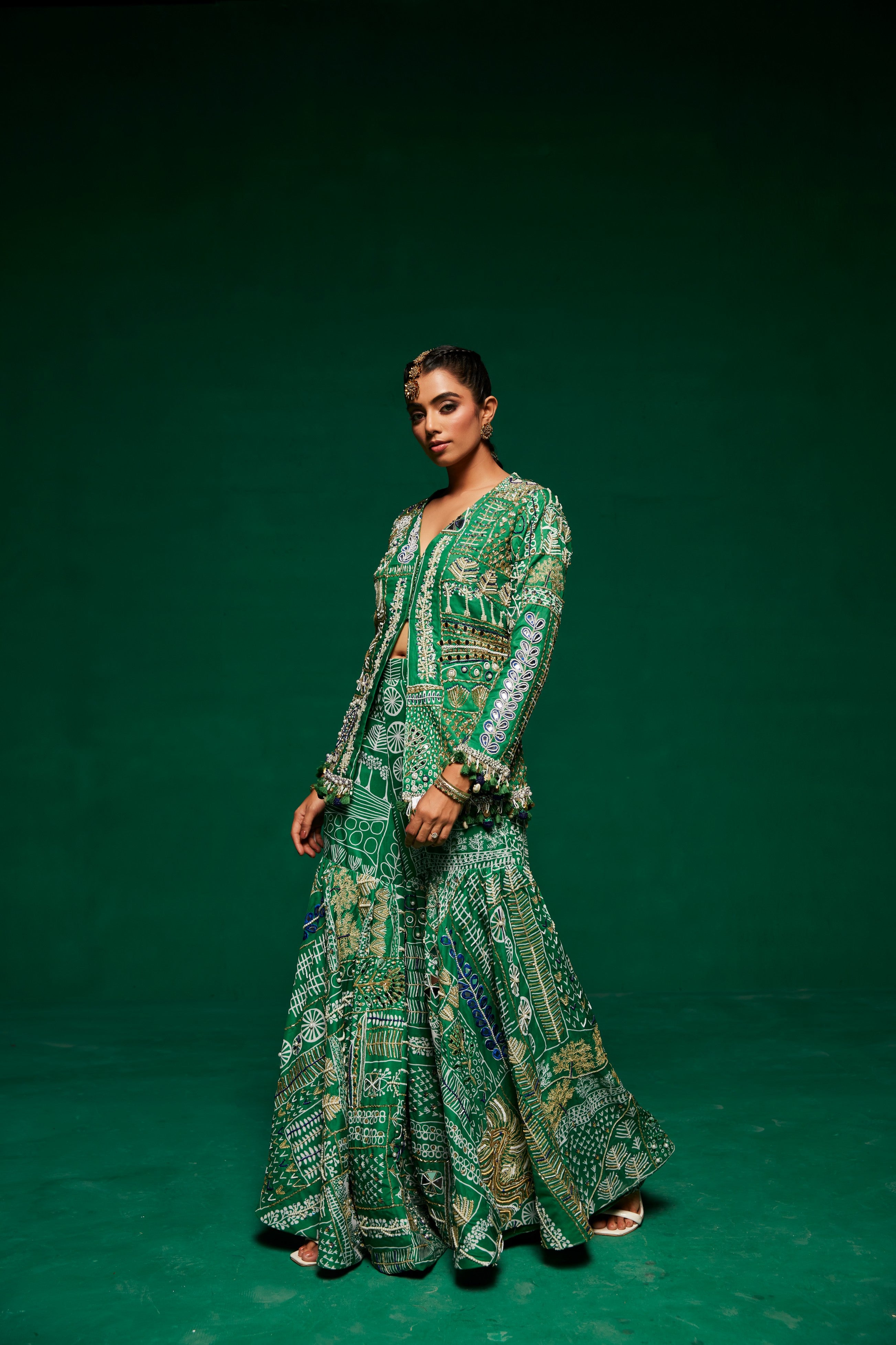 Green jacket style kurta with sharara pants