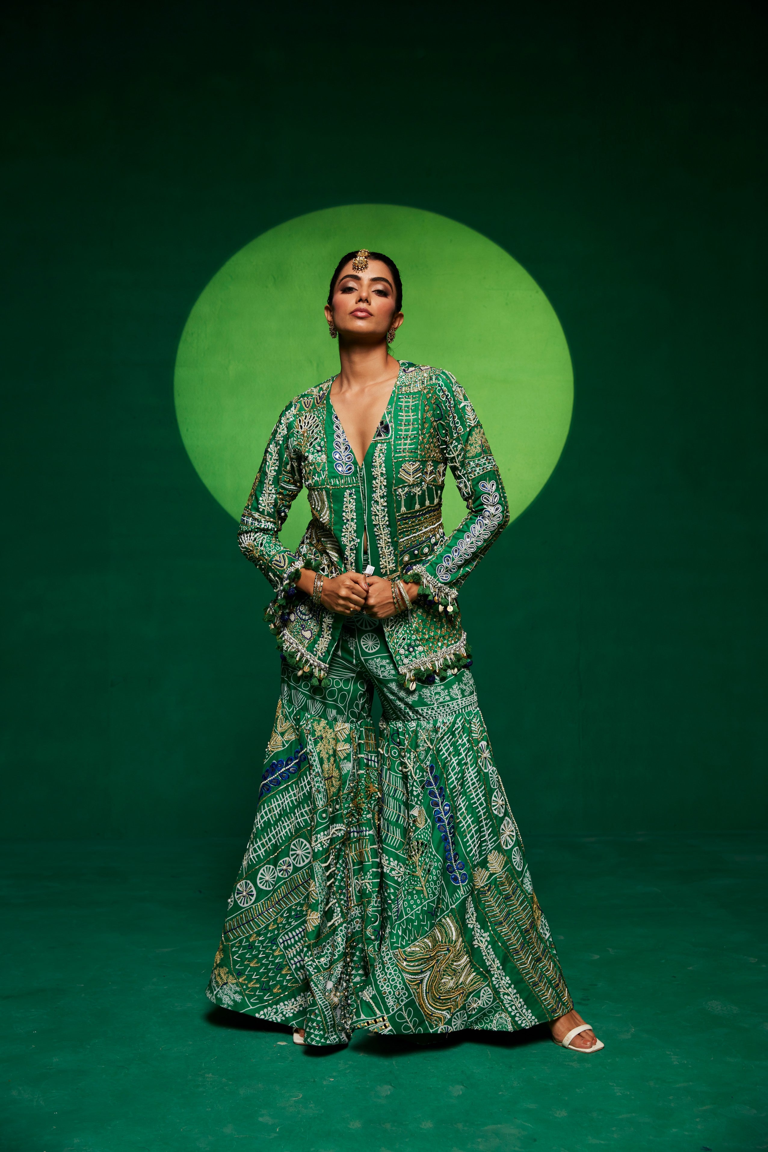 Green jacket style kurta with sharara pants