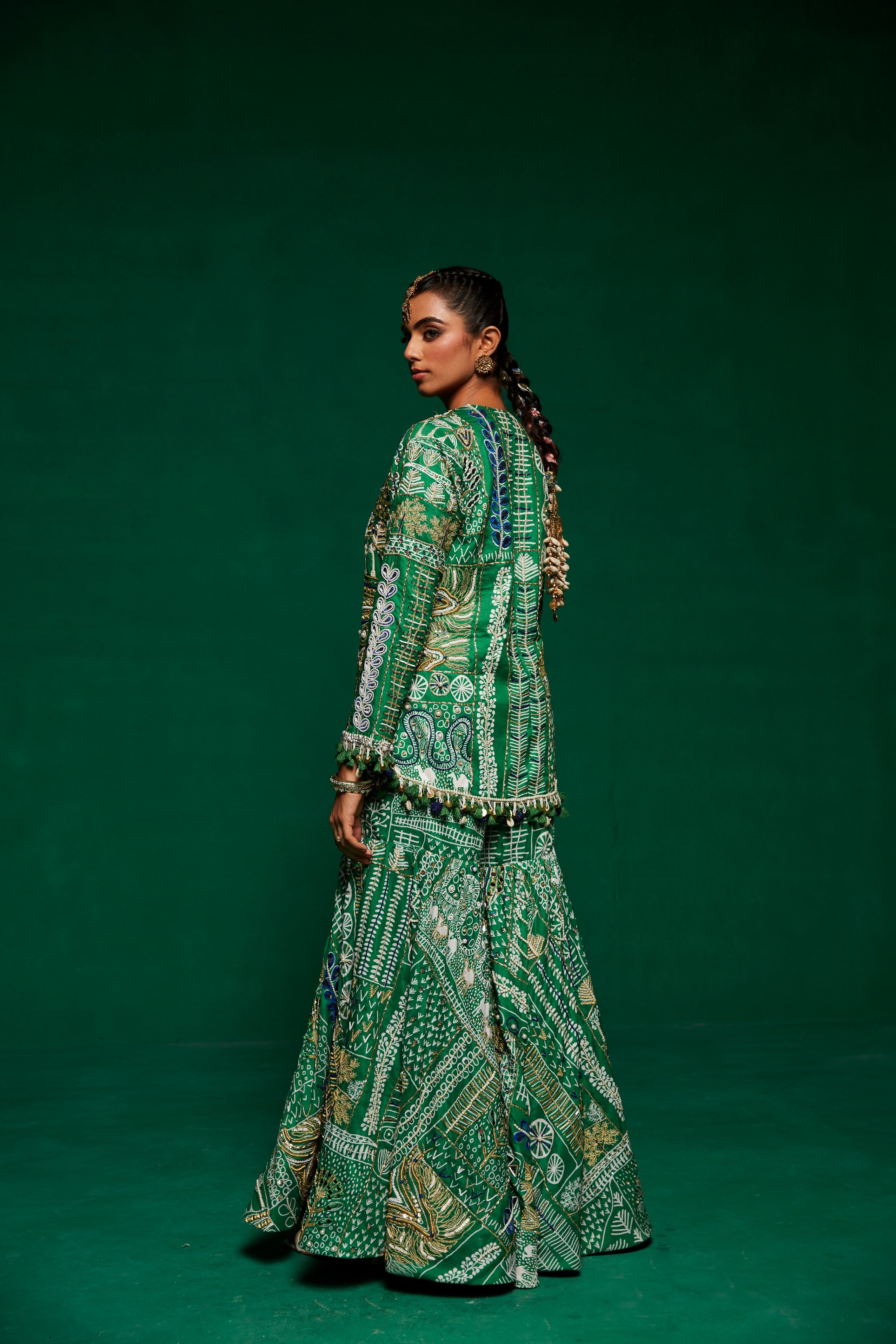 Green jacket style kurta with sharara pants