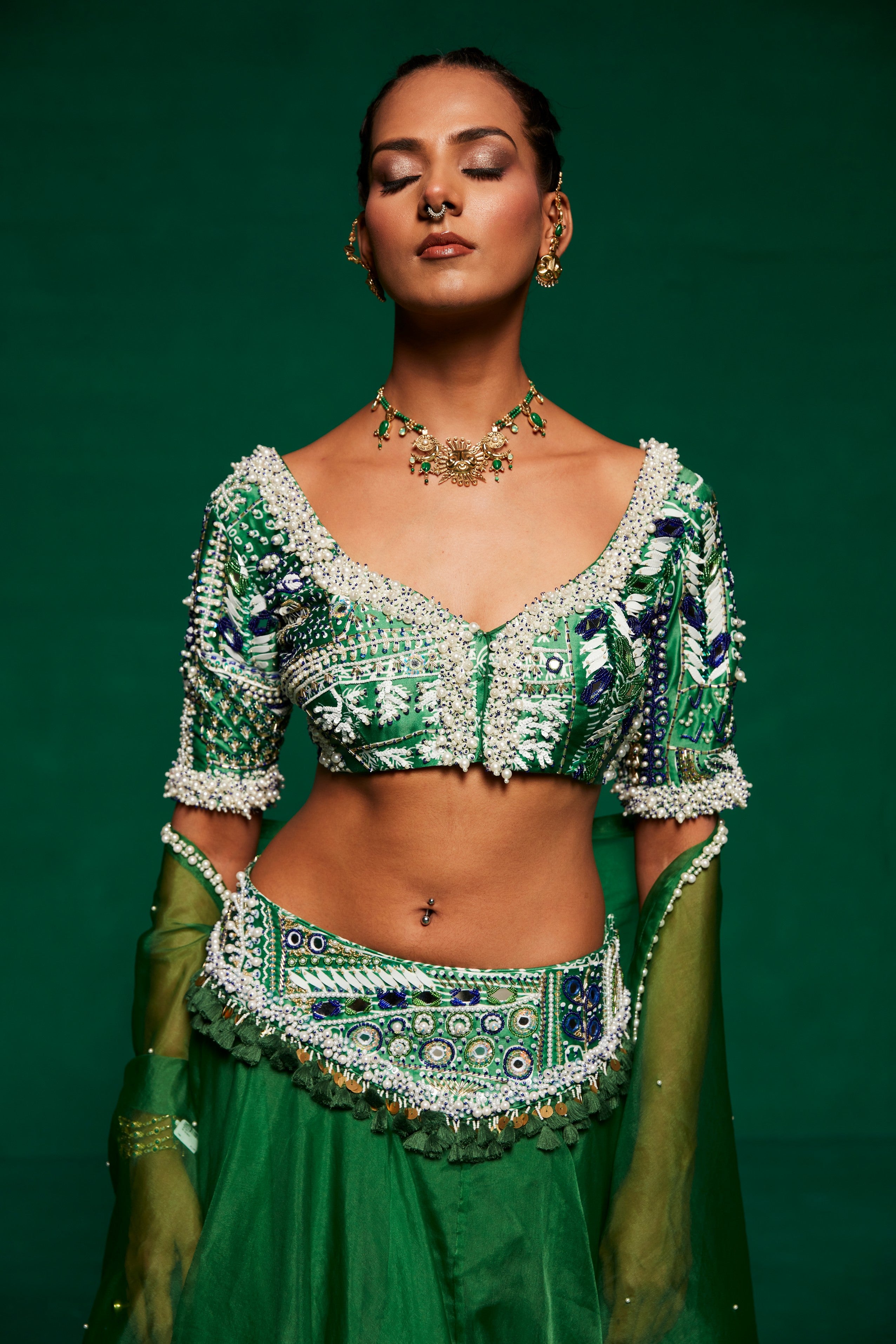 Green embellished lehenga