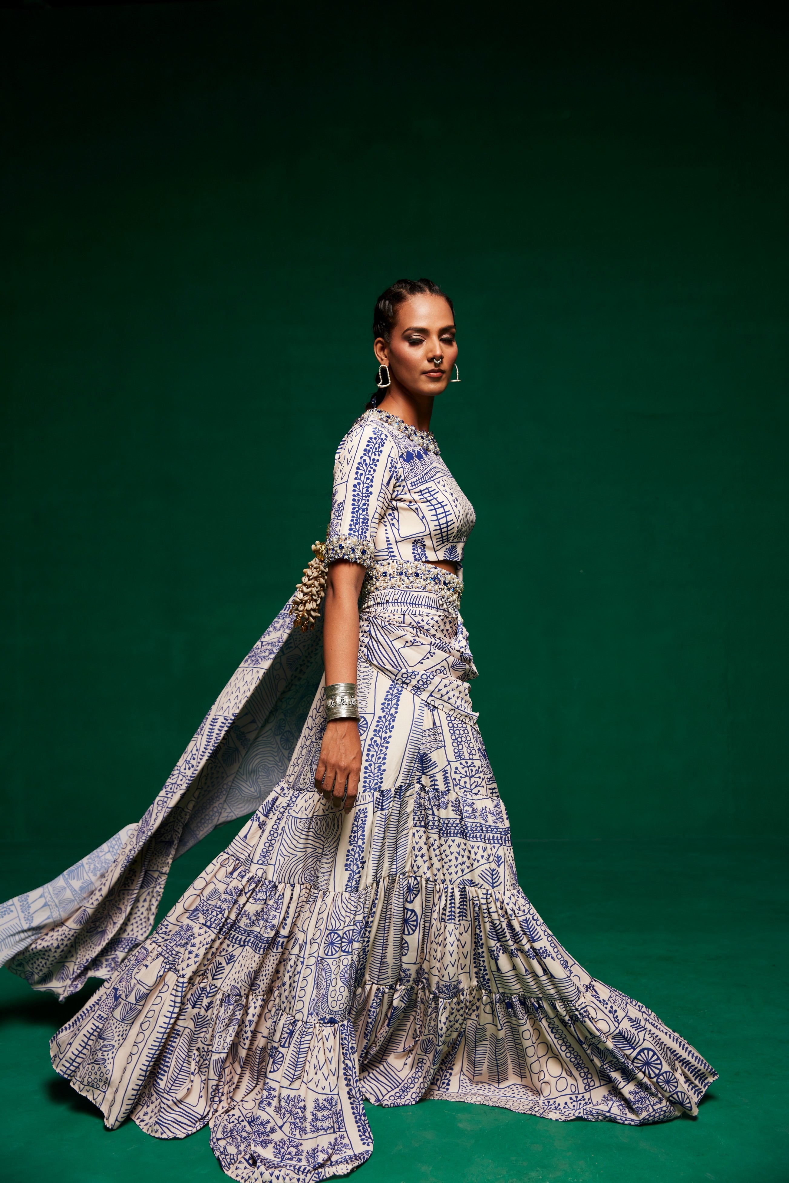 Off white & blue pre-draped ruffle saree