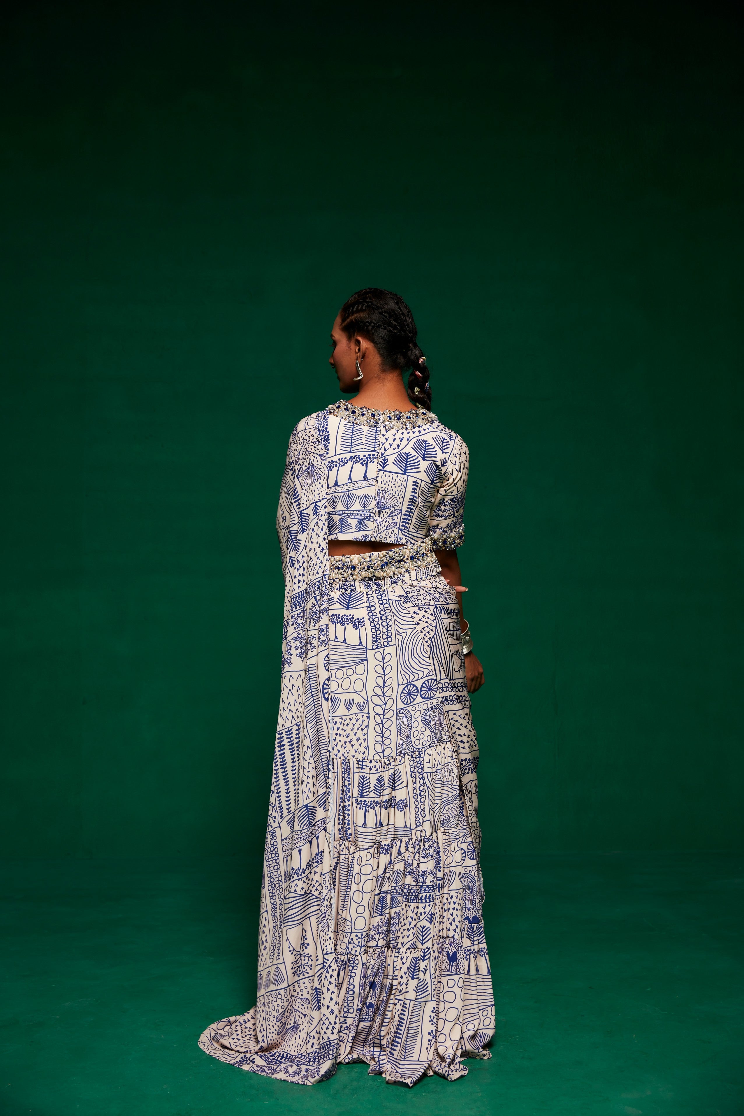 Off white & blue pre-draped ruffle saree