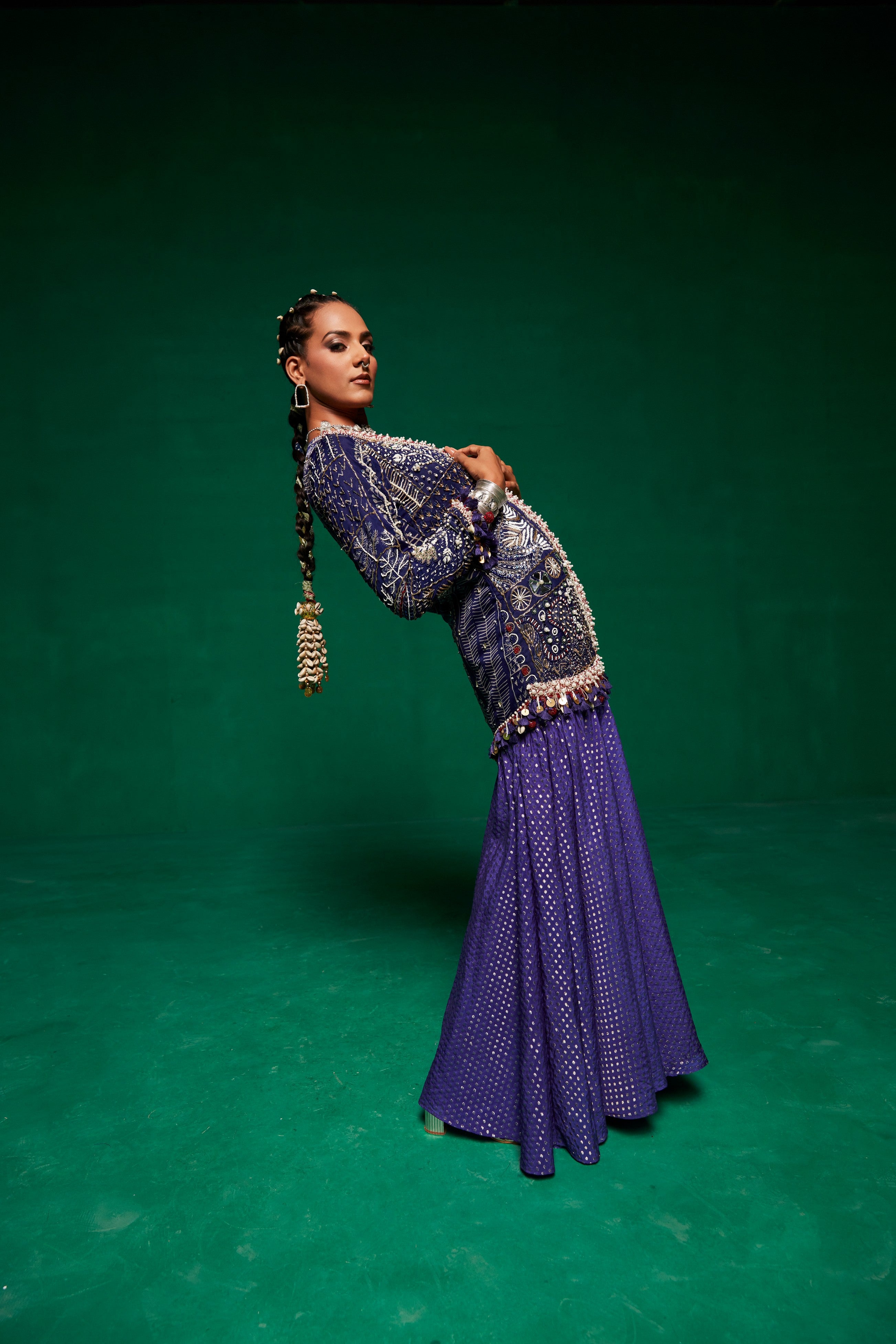 Blue jacket with tube top and sharara pants