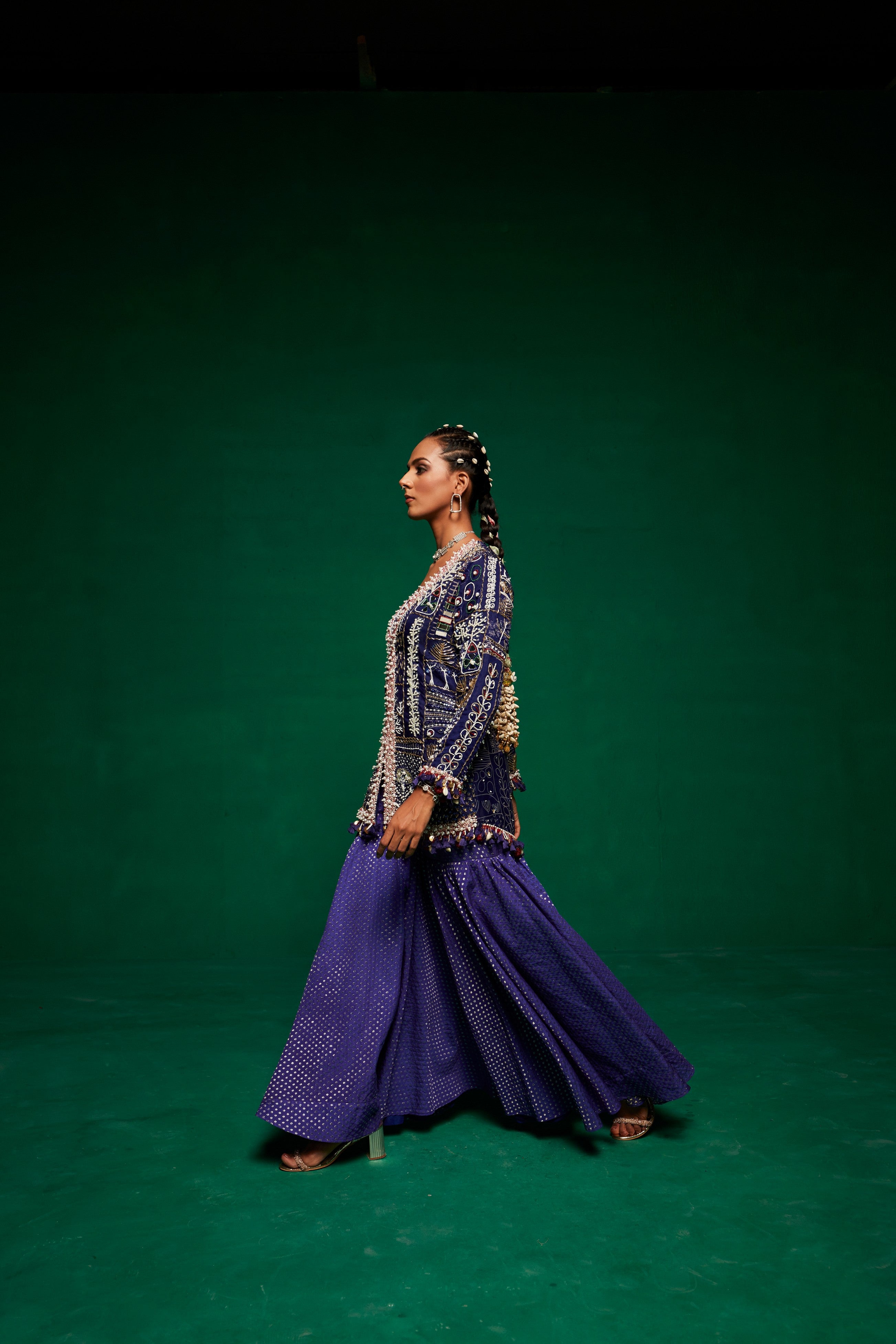 Blue jacket with tube top and sharara pants