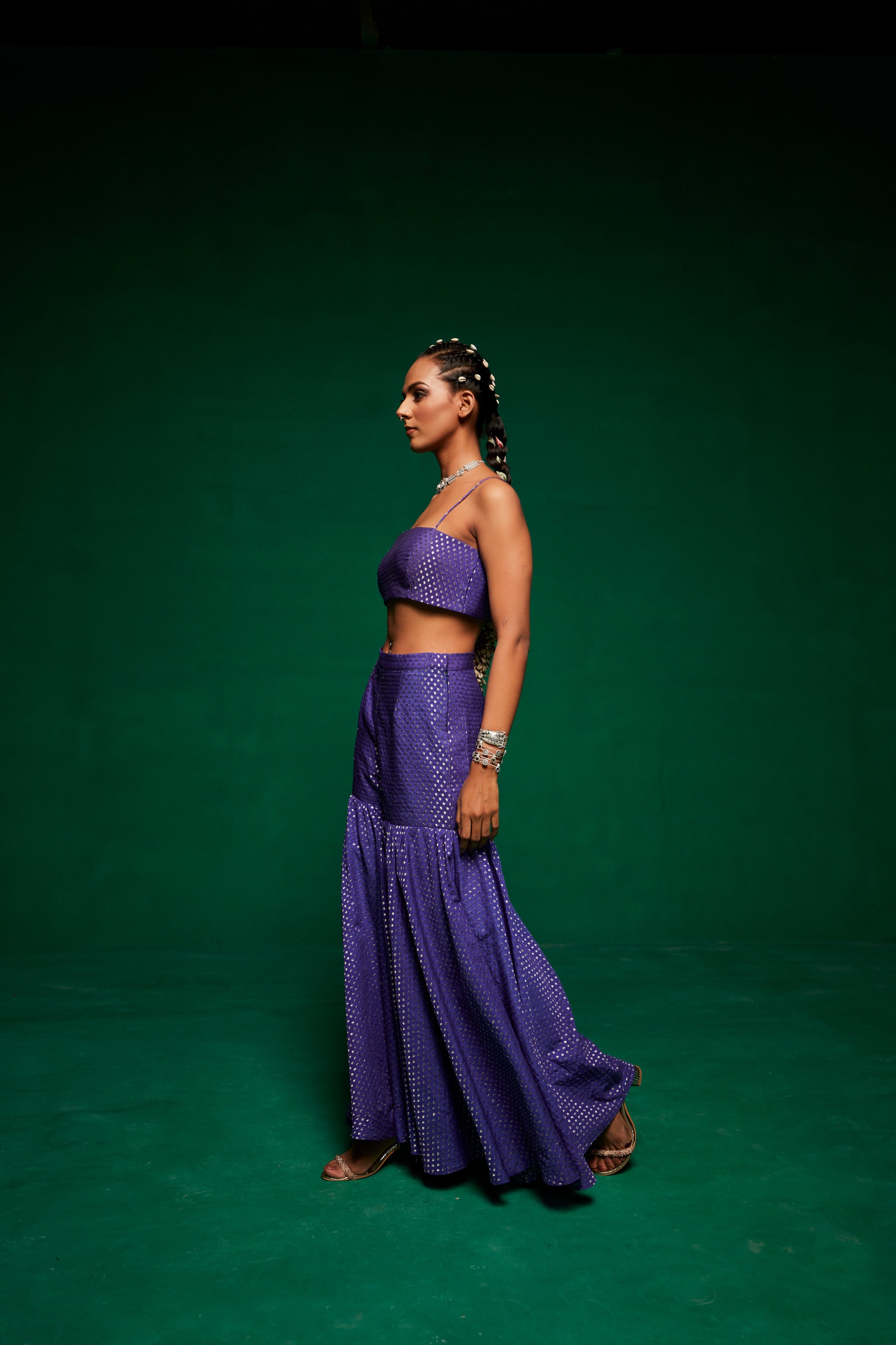 Blue jacket with tube top and sharara pants