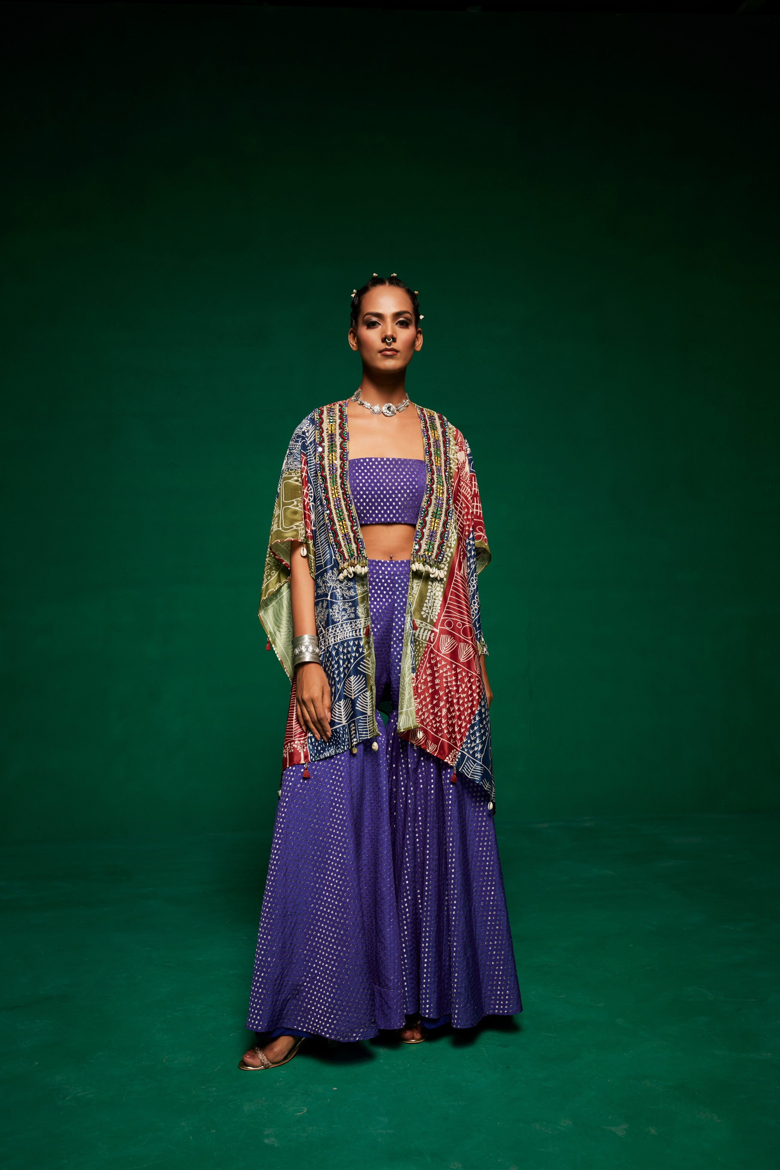 Tri coloured cape with tube top & sharara pants