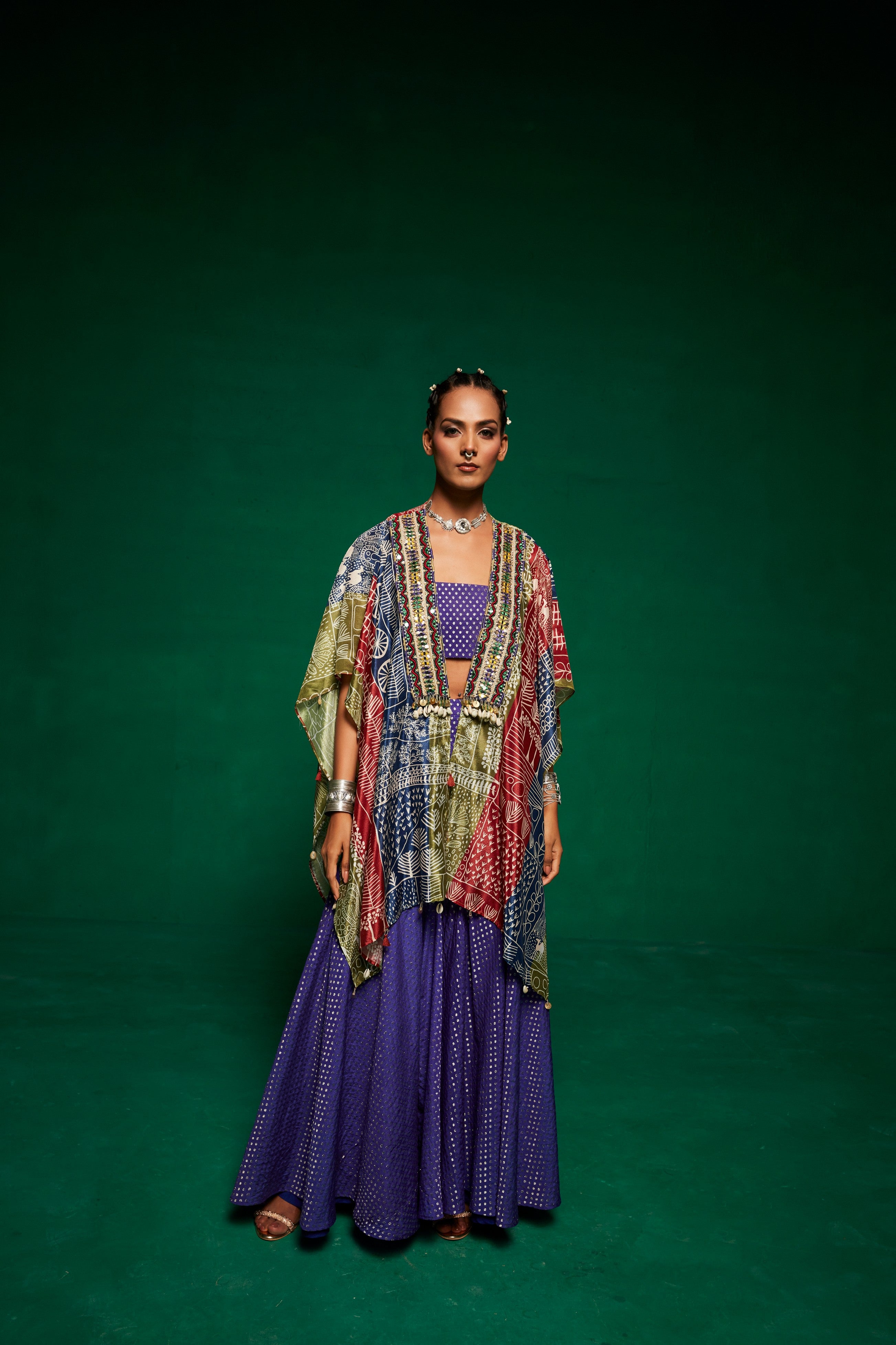 Tri coloured cape with tube top & sharara pants