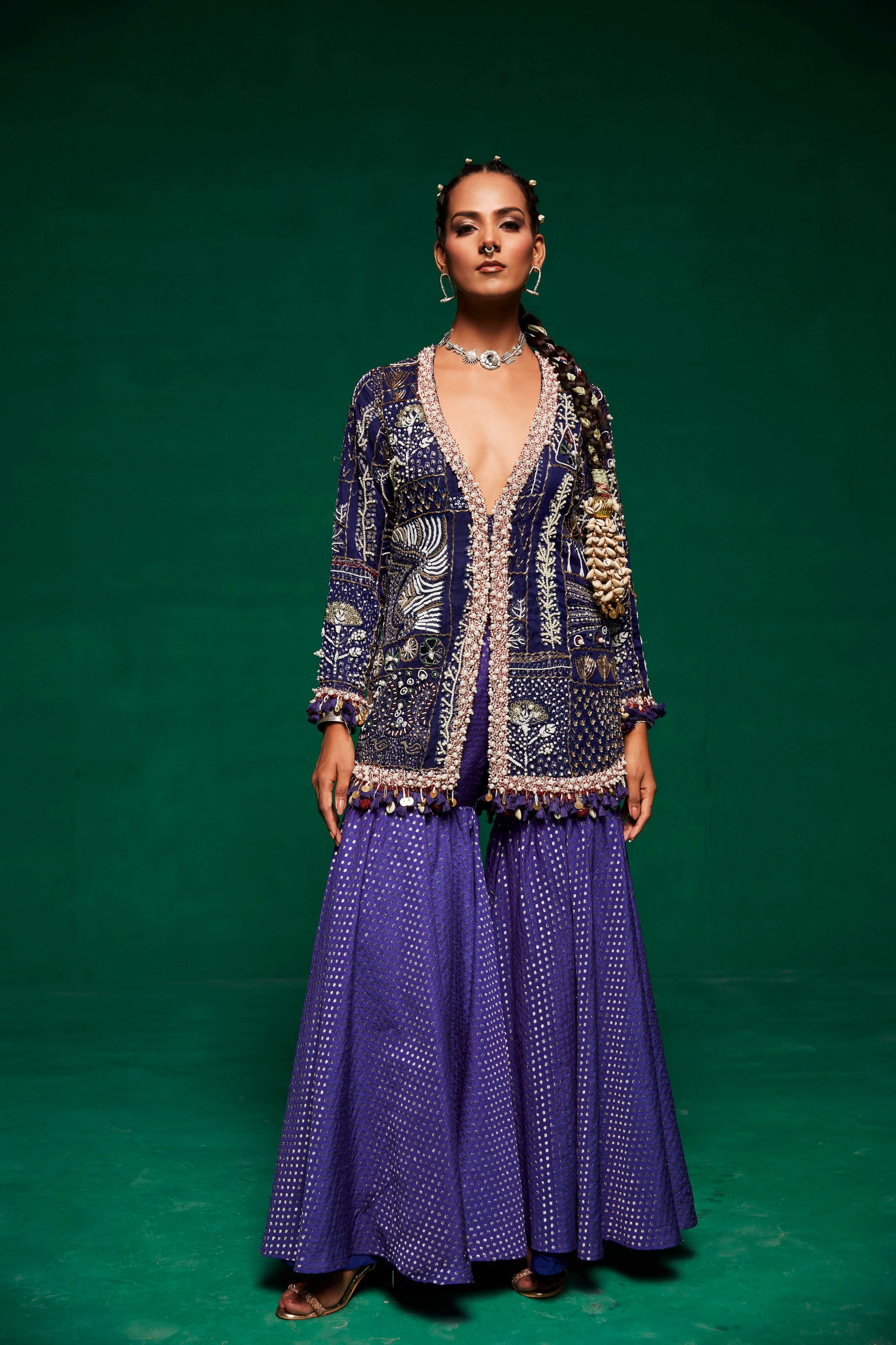 Blue jacket with tube top and sharara pants