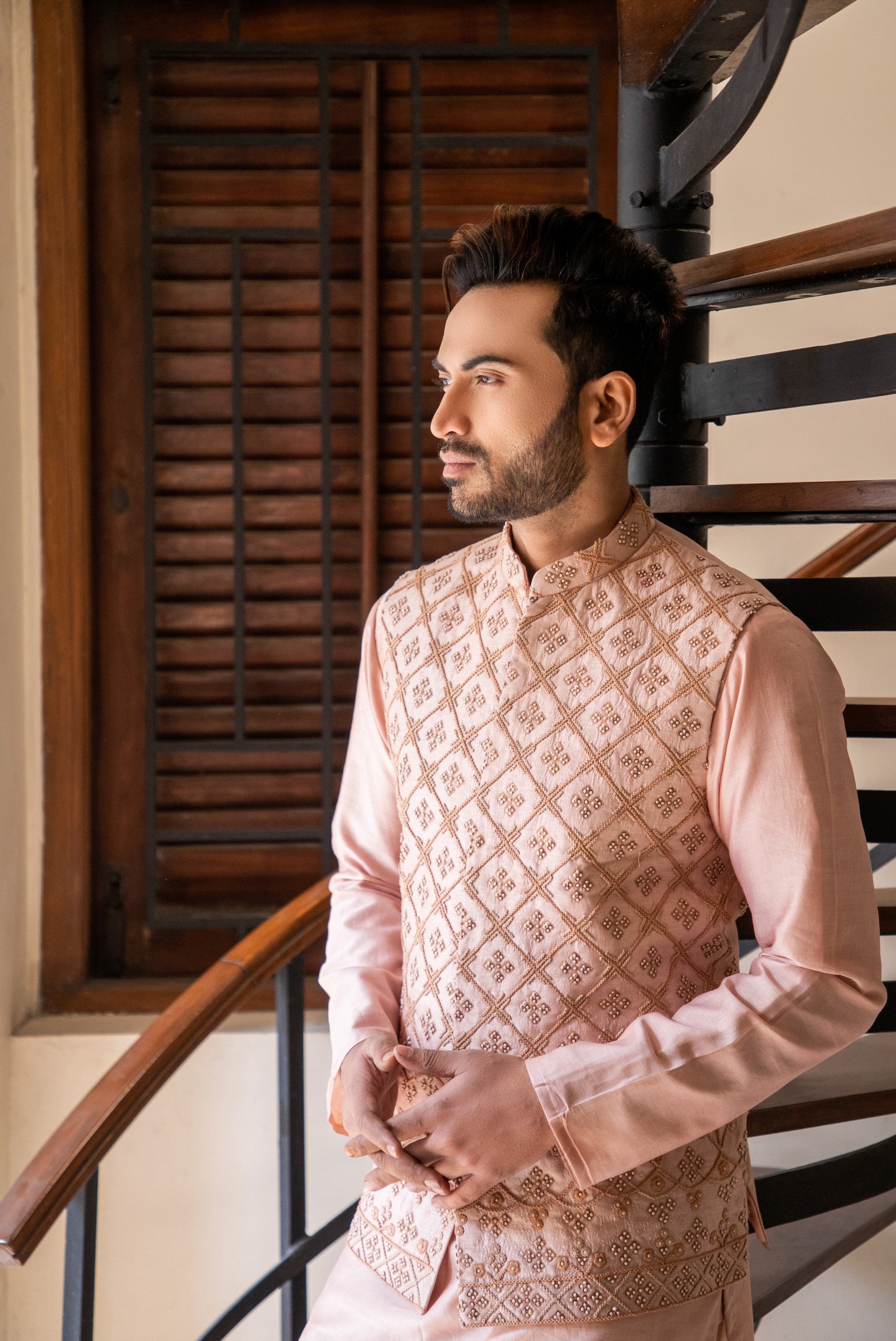 Rose Pink hand embroidered jacket with kurta set