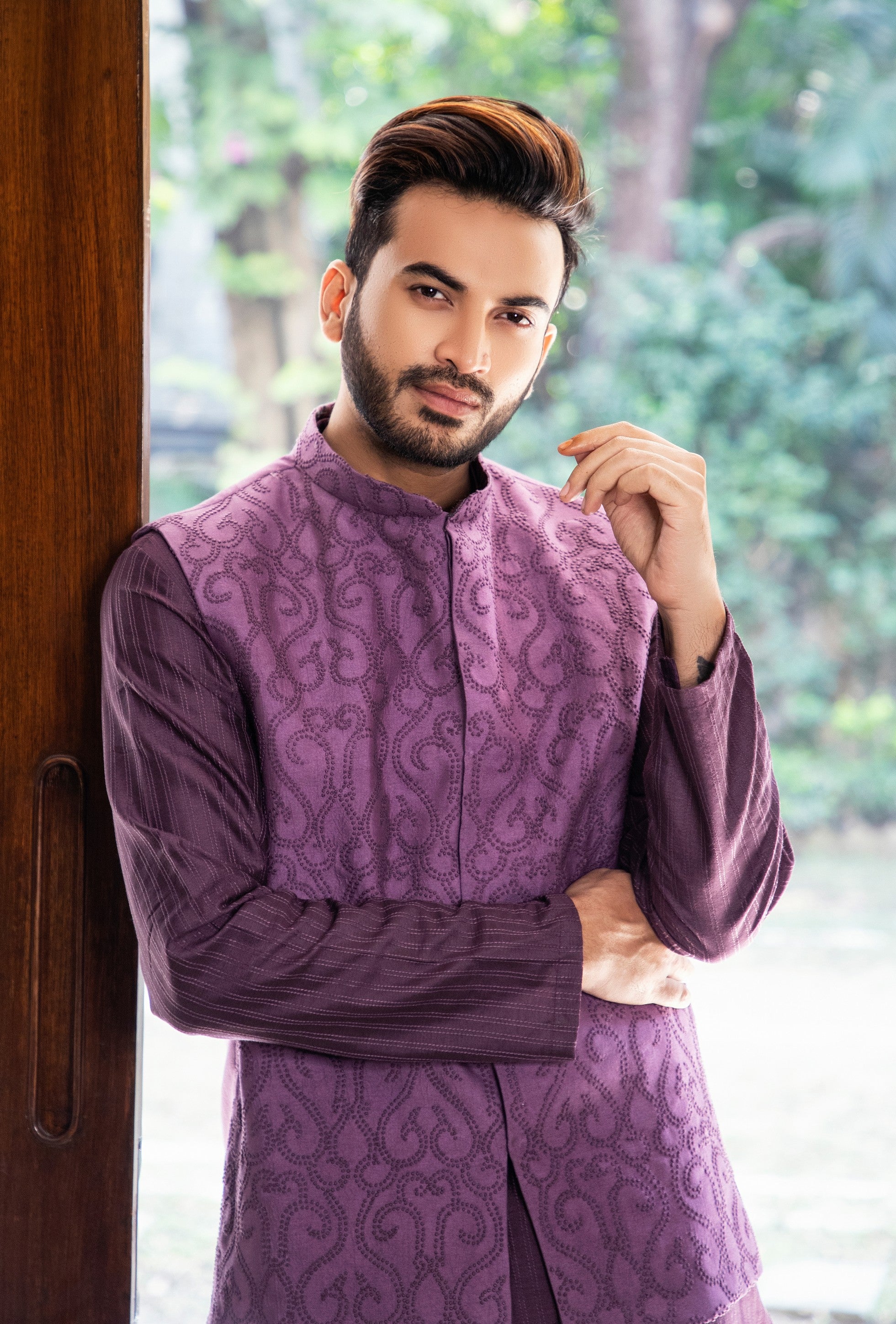 Purple french knot embroidered jacket with darker kurta pajama set