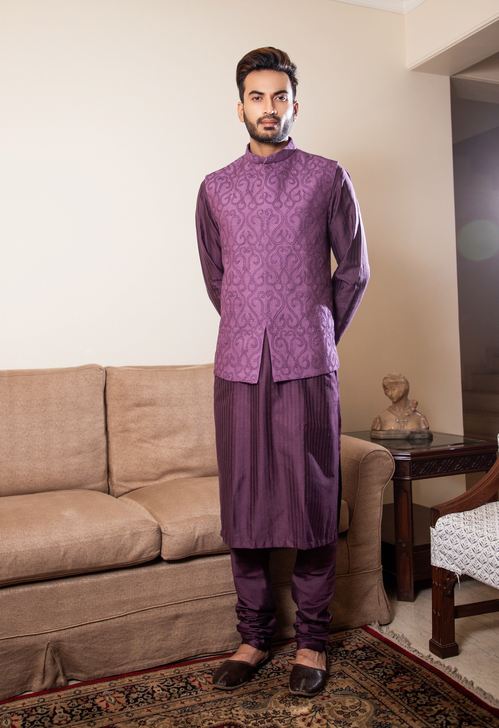 Purple french knot embroidered jacket with darker kurta pajama set