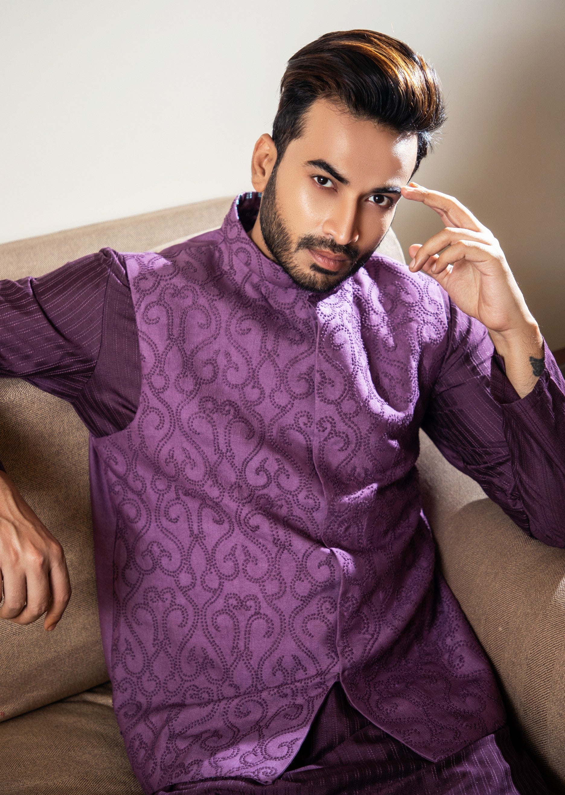 Purple french knot embroidered jacket with darker kurta pajama set