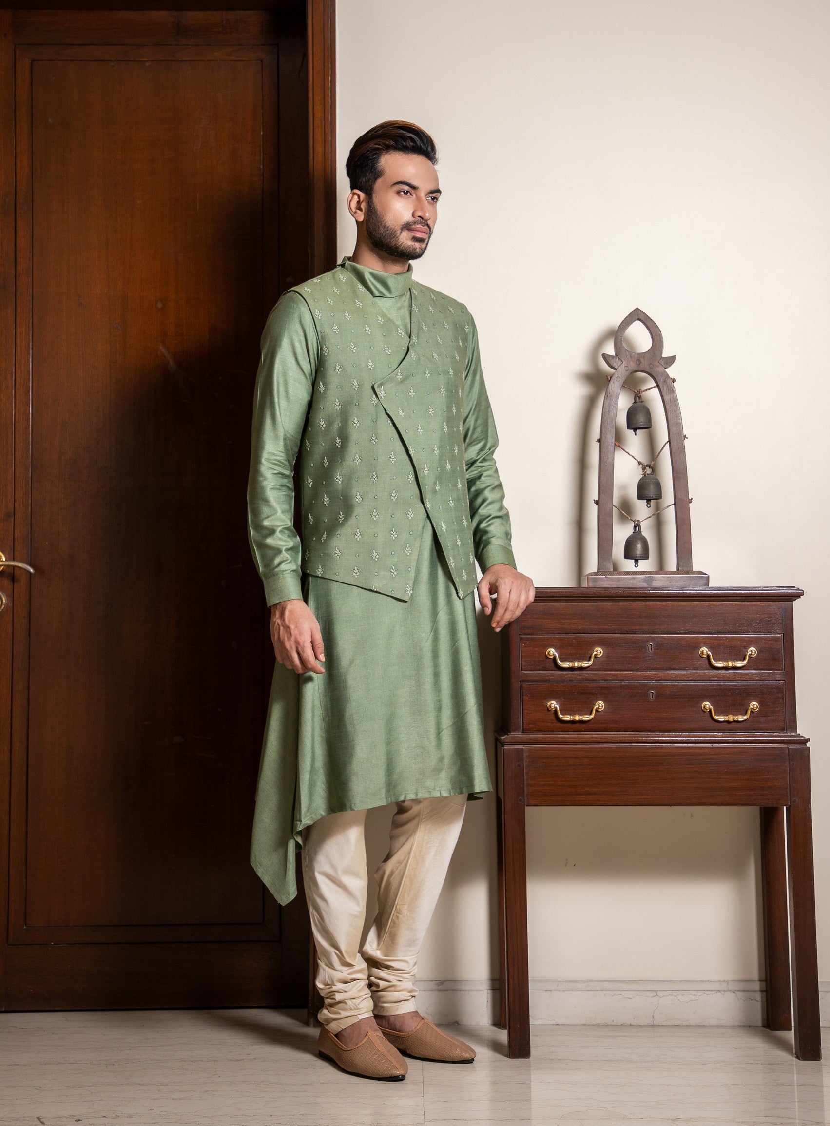 Hand embroidered silk jacket with cowl neck draped kurta