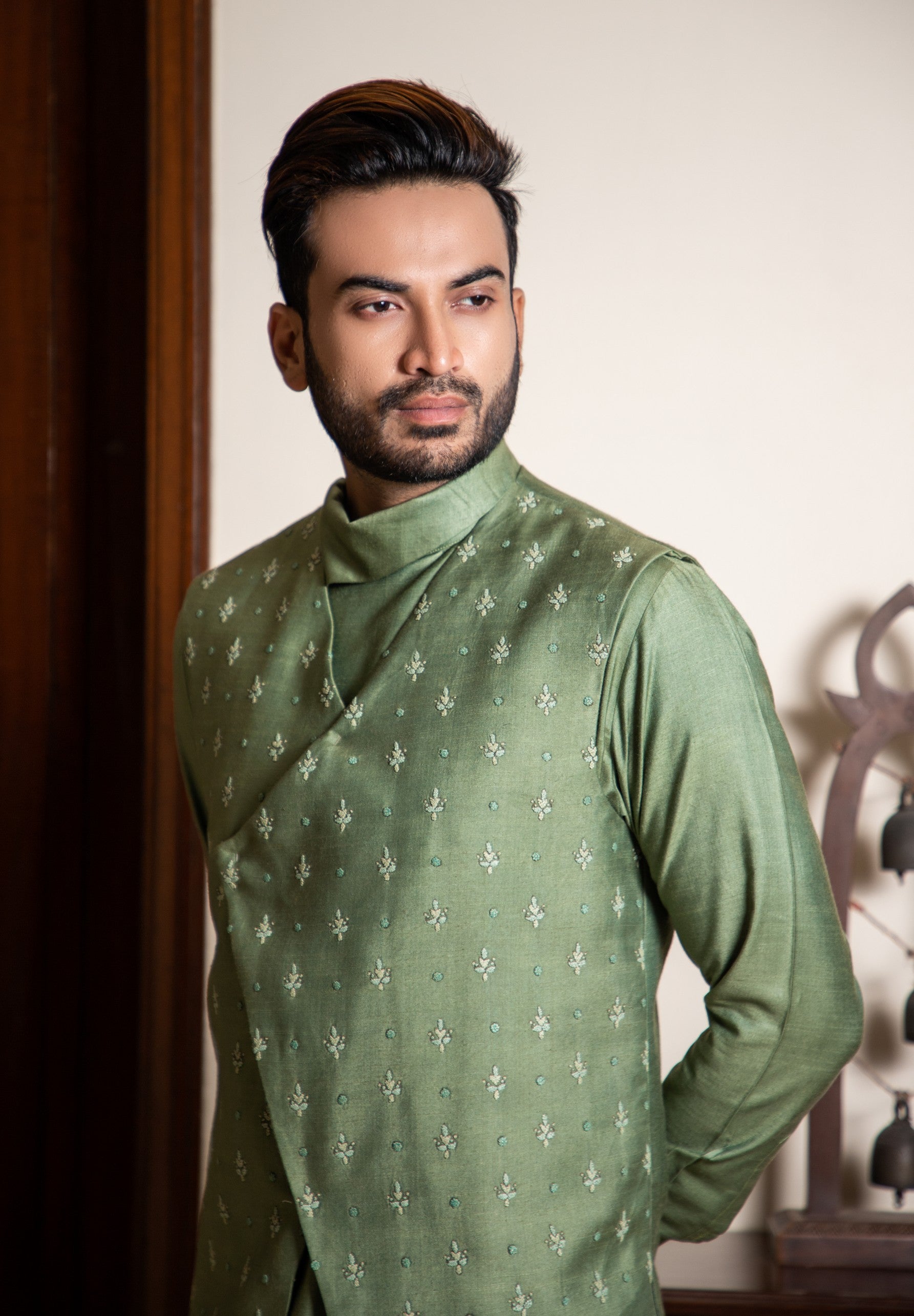 Hand embroidered silk jacket with cowl neck draped kurta