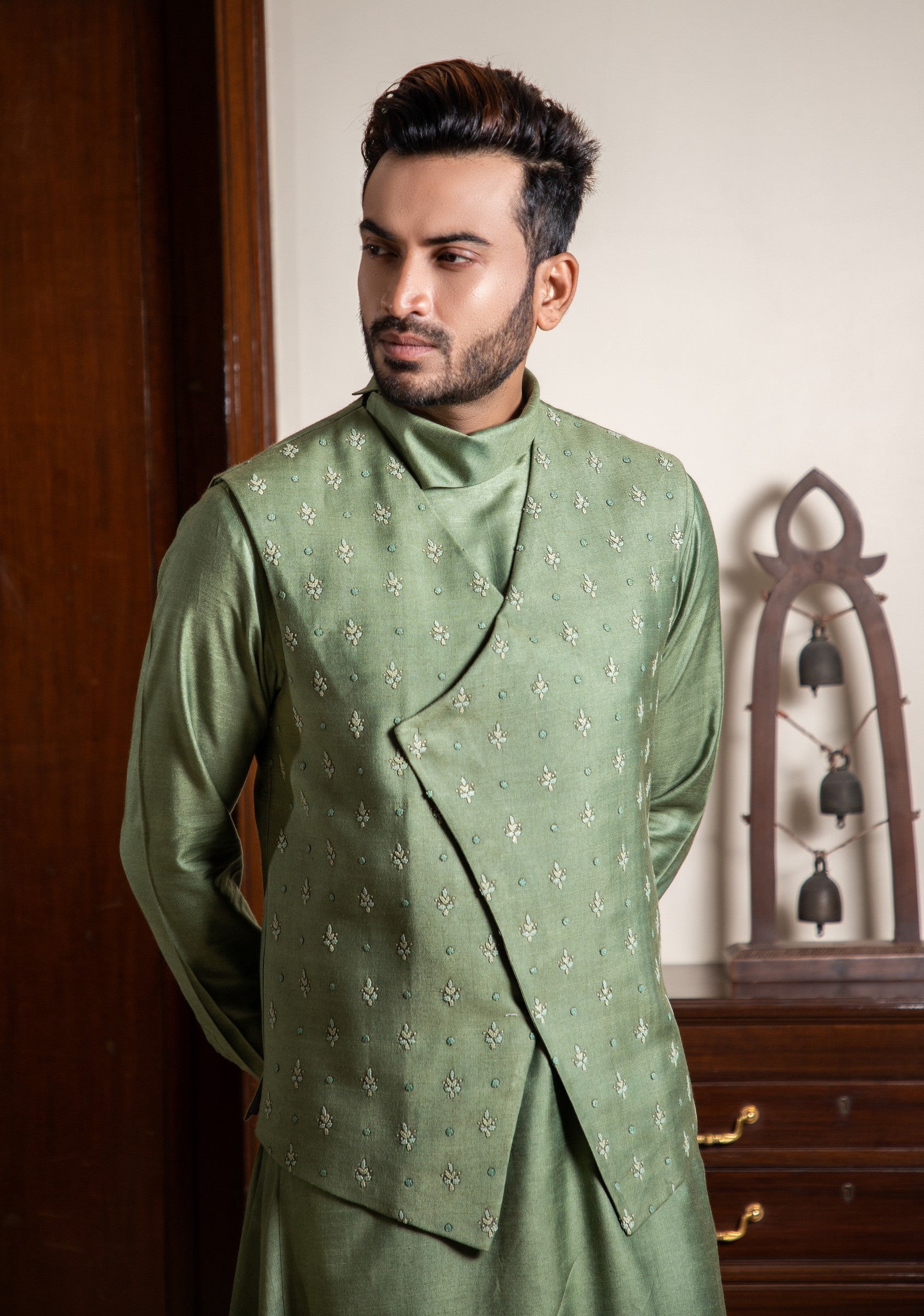 Hand embroidered silk jacket with cowl neck draped kurta