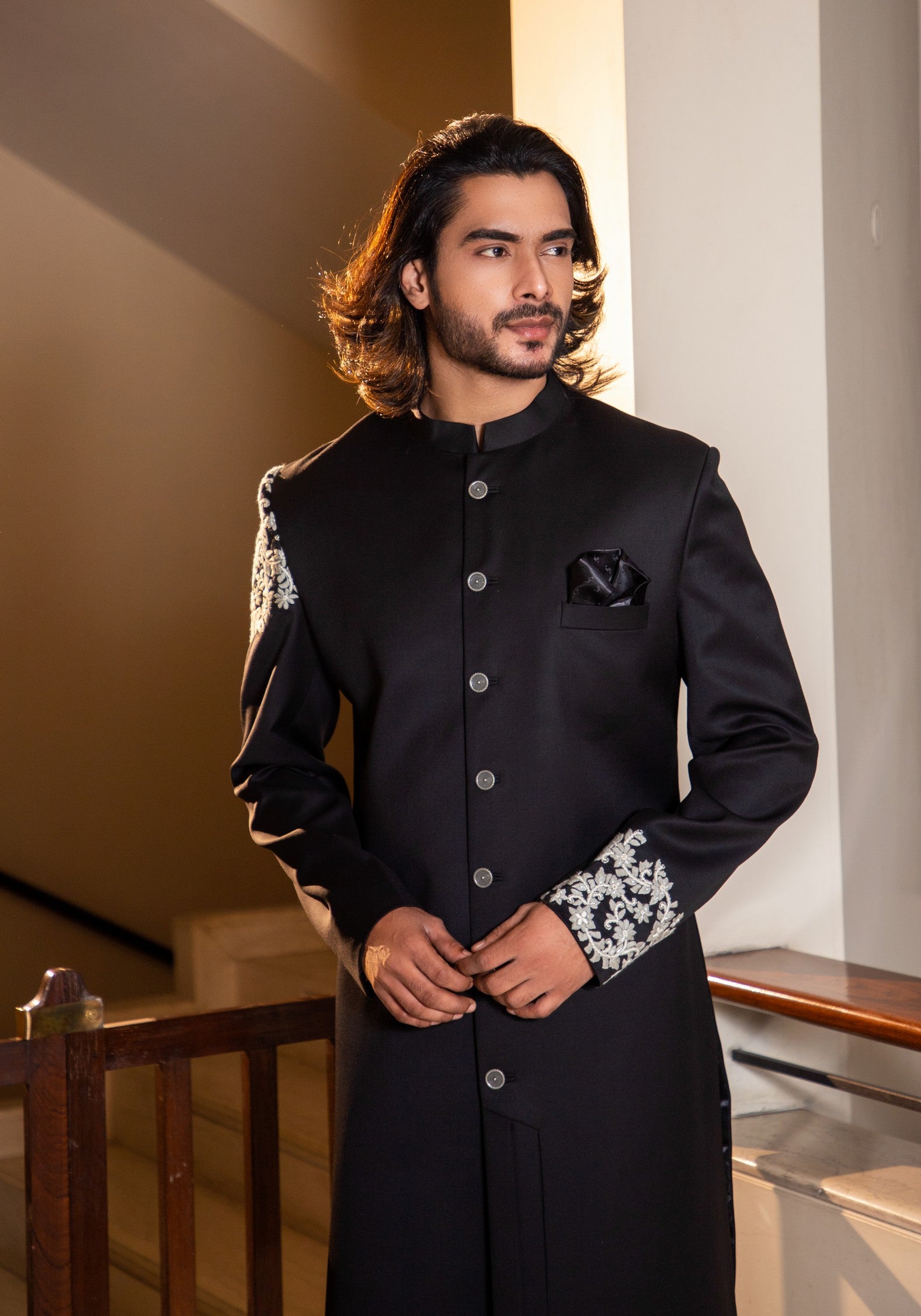 Black Hand Embroidered Bandhgala