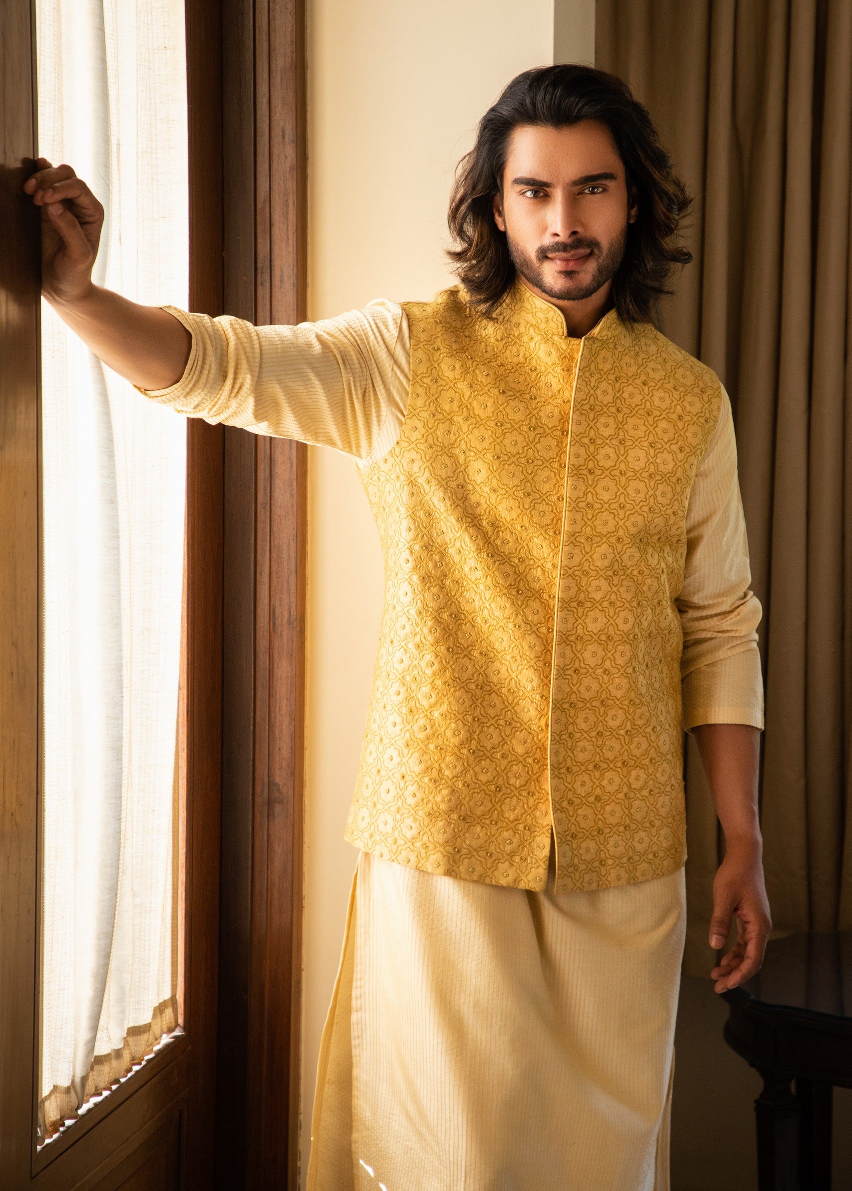 Yellow zari embroidered jacket with contrast kurta set