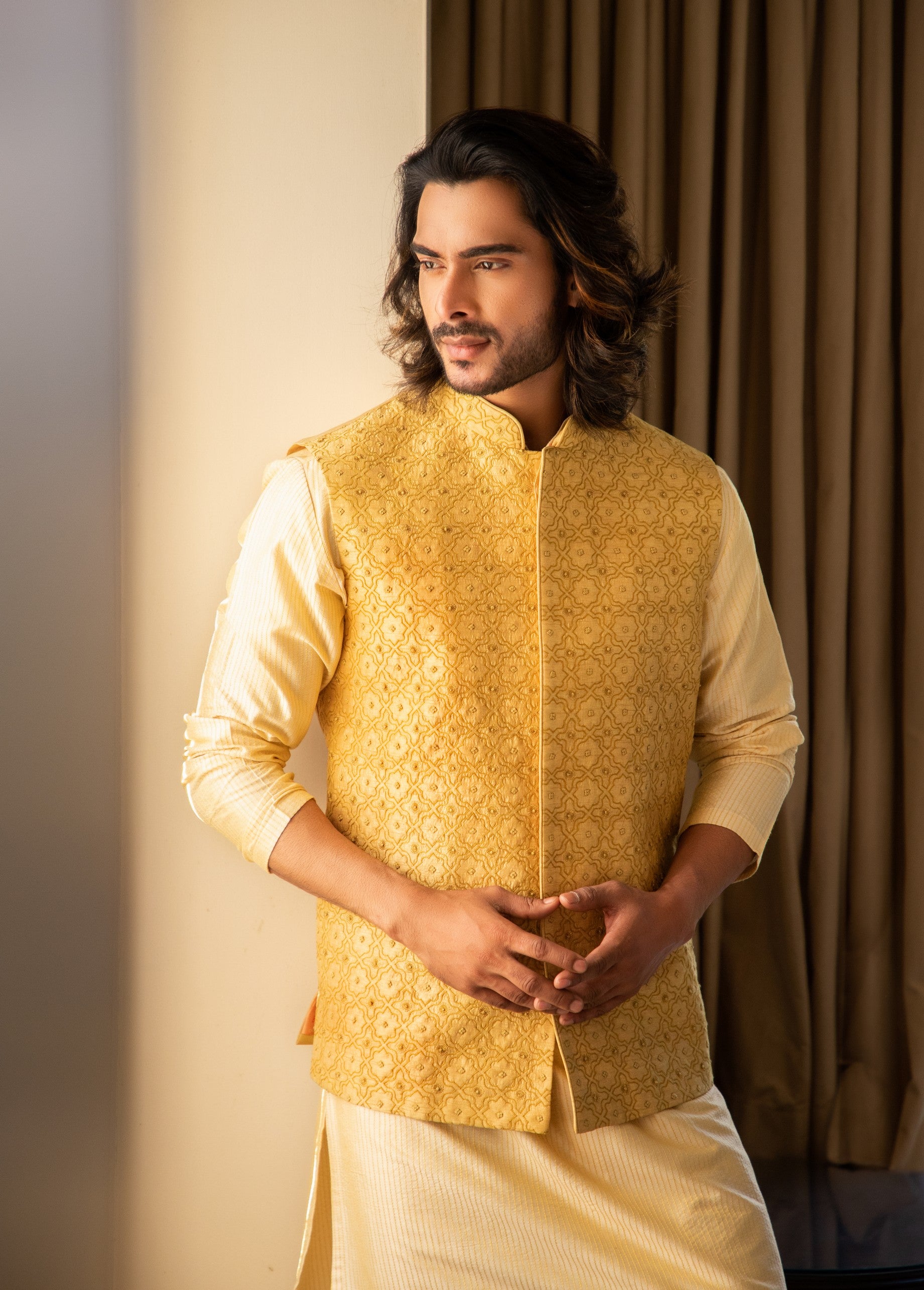 Yellow zari embroidered jacket with contrast kurta set