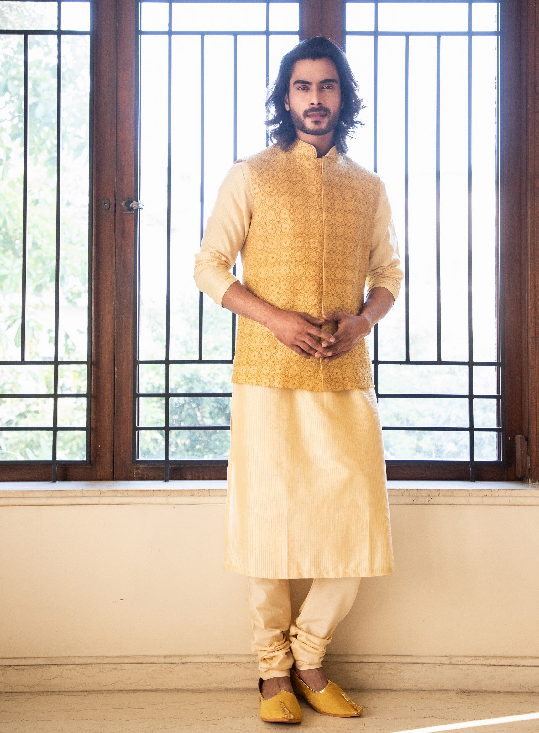 Yellow zari embroidered jacket with contrast kurta set