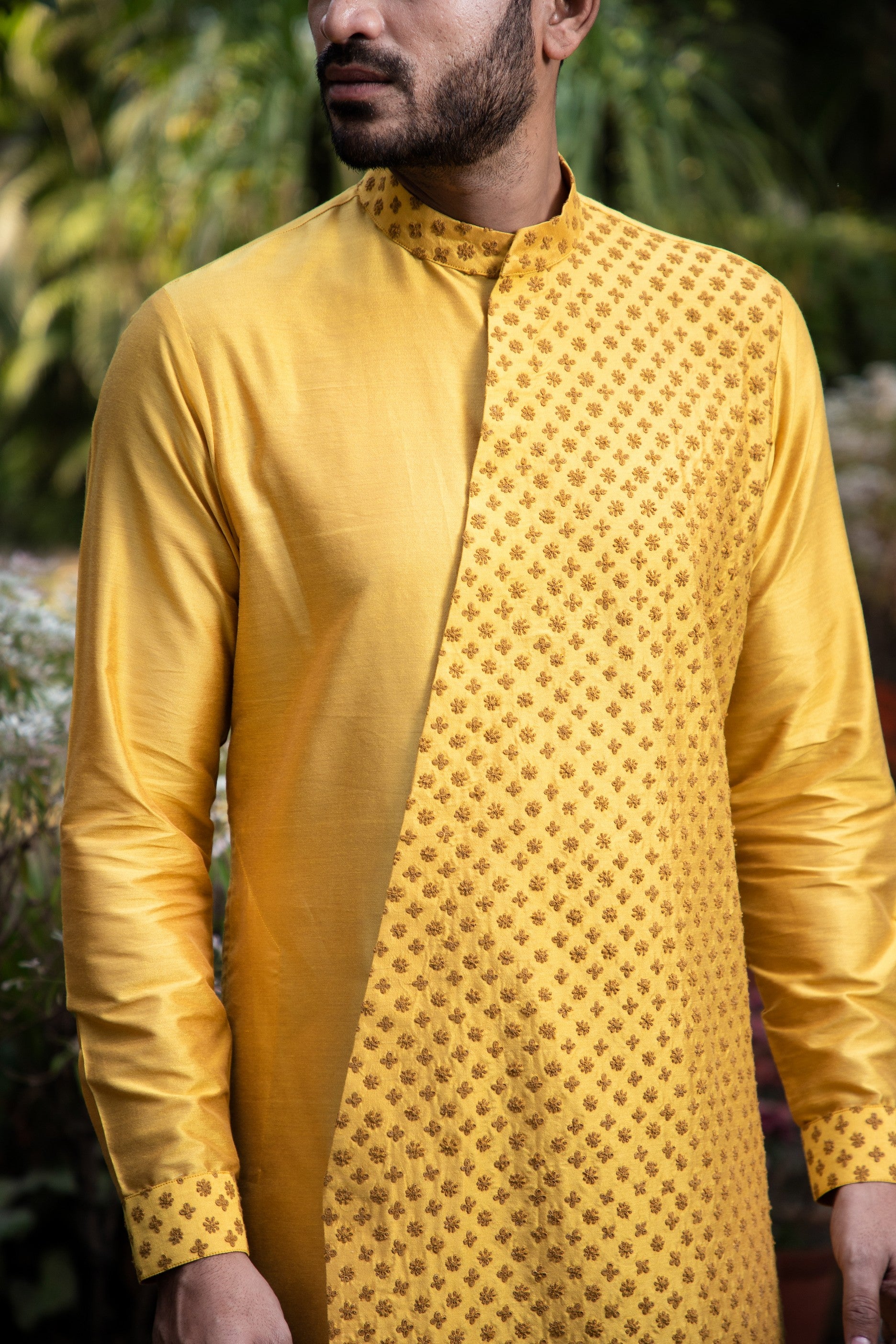 Mustard embroidered diagonal cut kurta with pants