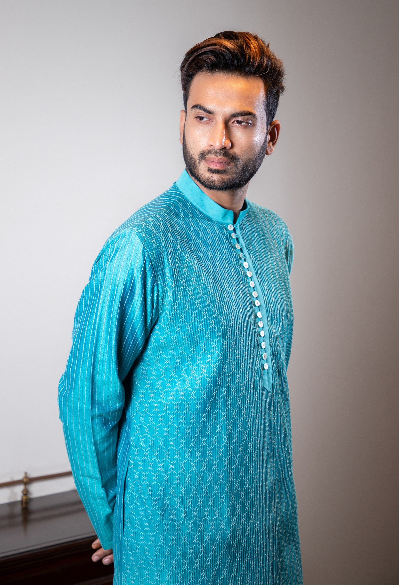 Turquoise Blue Diagonal pintuck kurta set