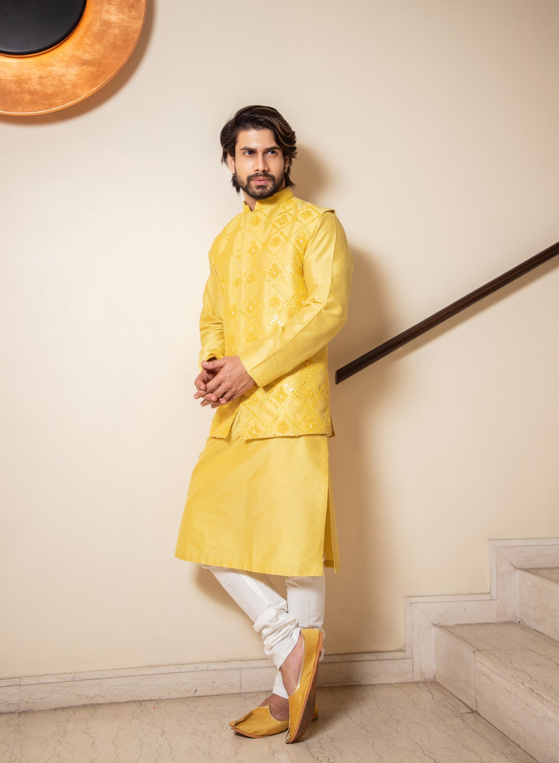 Lemon yellow mirror bandi with kurta set.