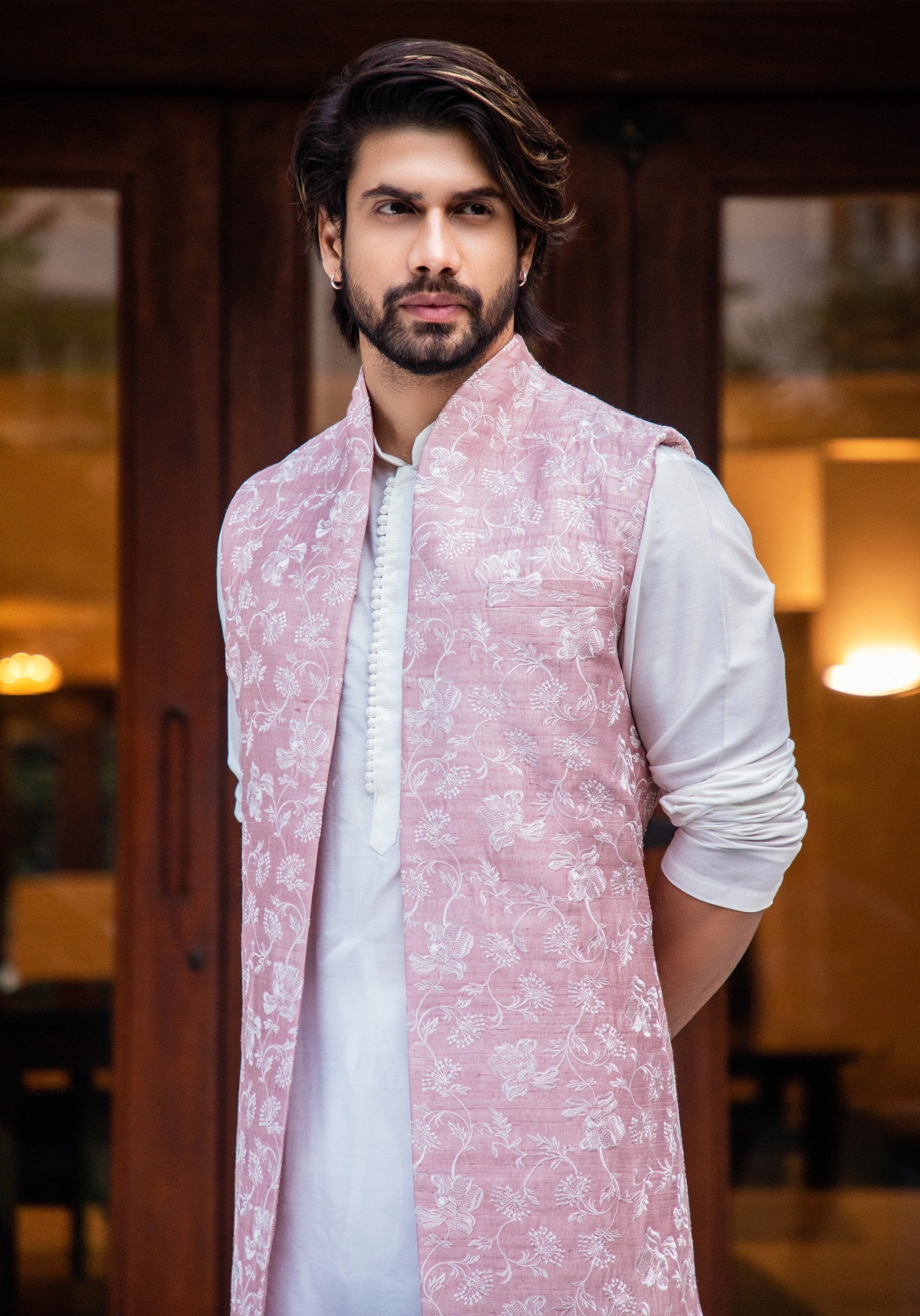 Onion pink long embroidered jacket with offwhite kurta set