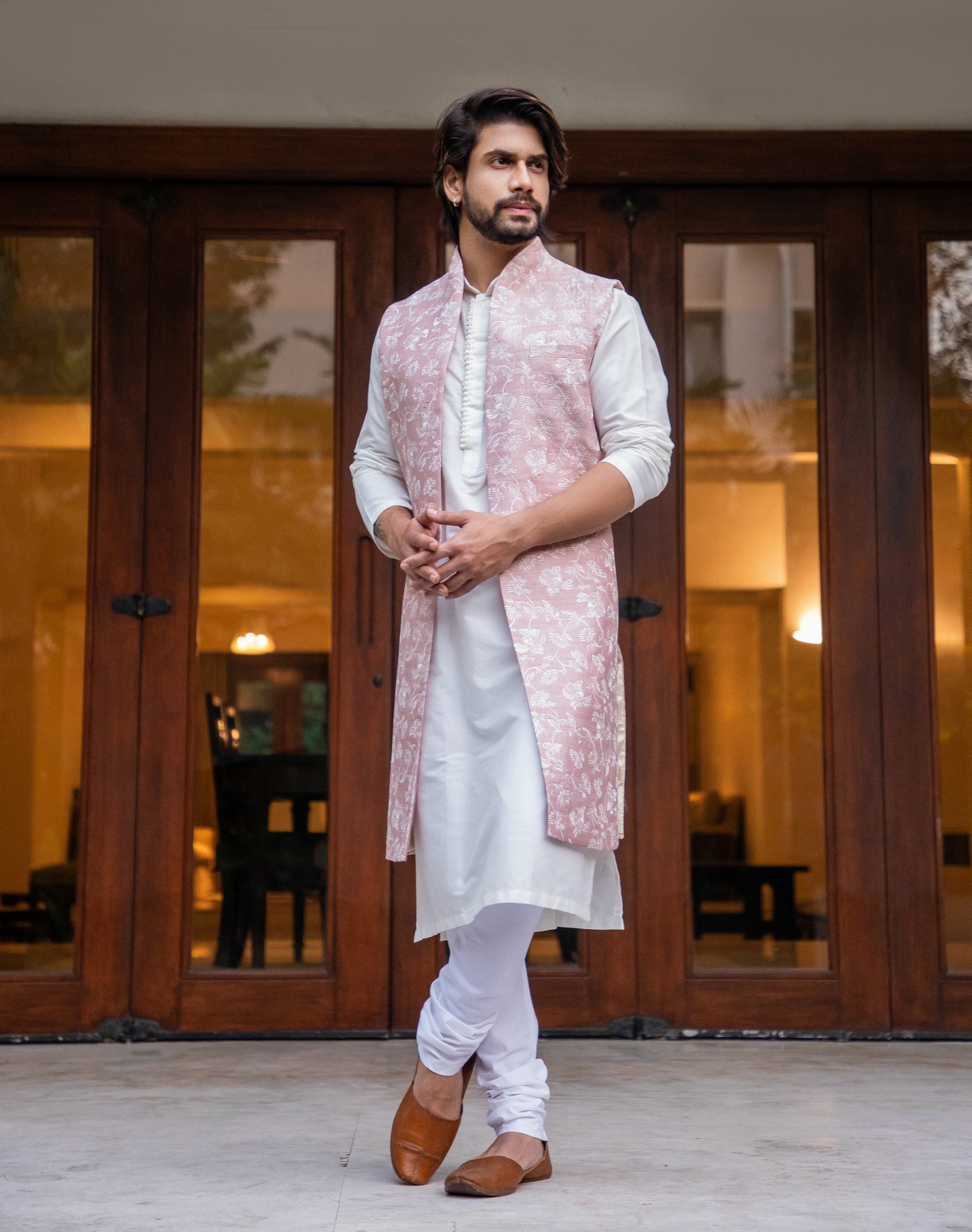 Onion pink long embroidered jacket with offwhite kurta set