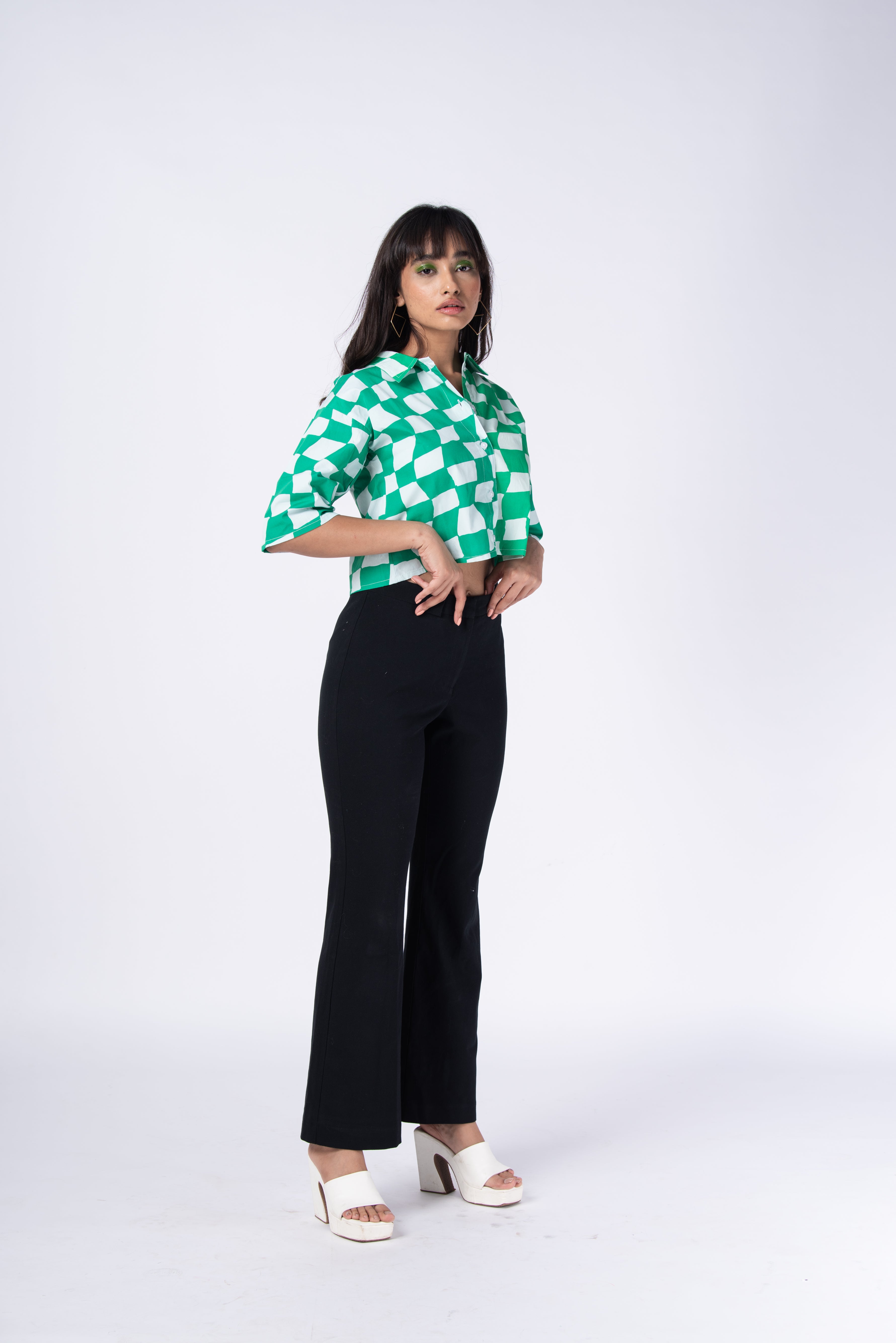 Green checkered crop shirt