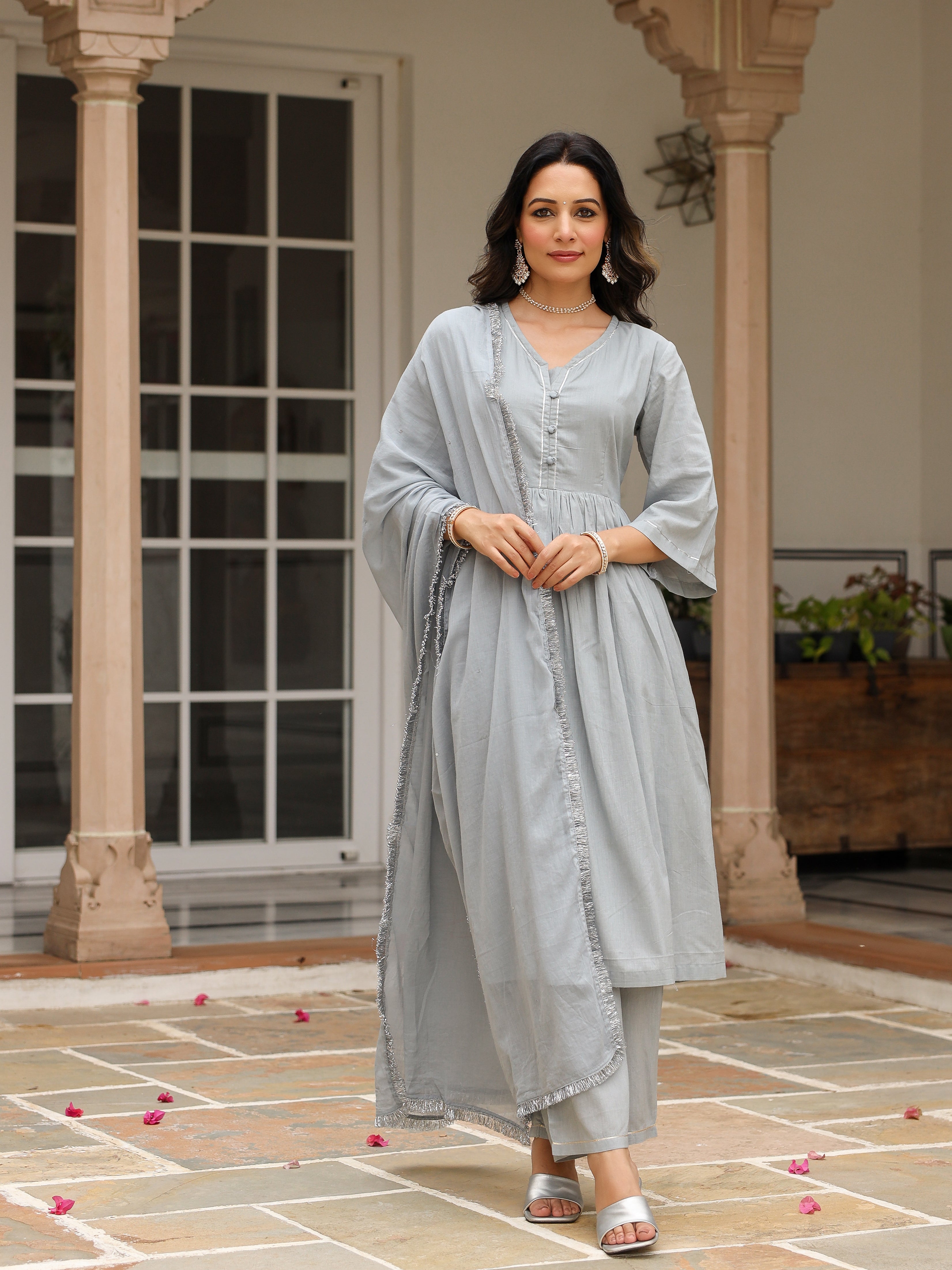 Grey mulmul cotton anarkali kurta set with trousers and dupatta