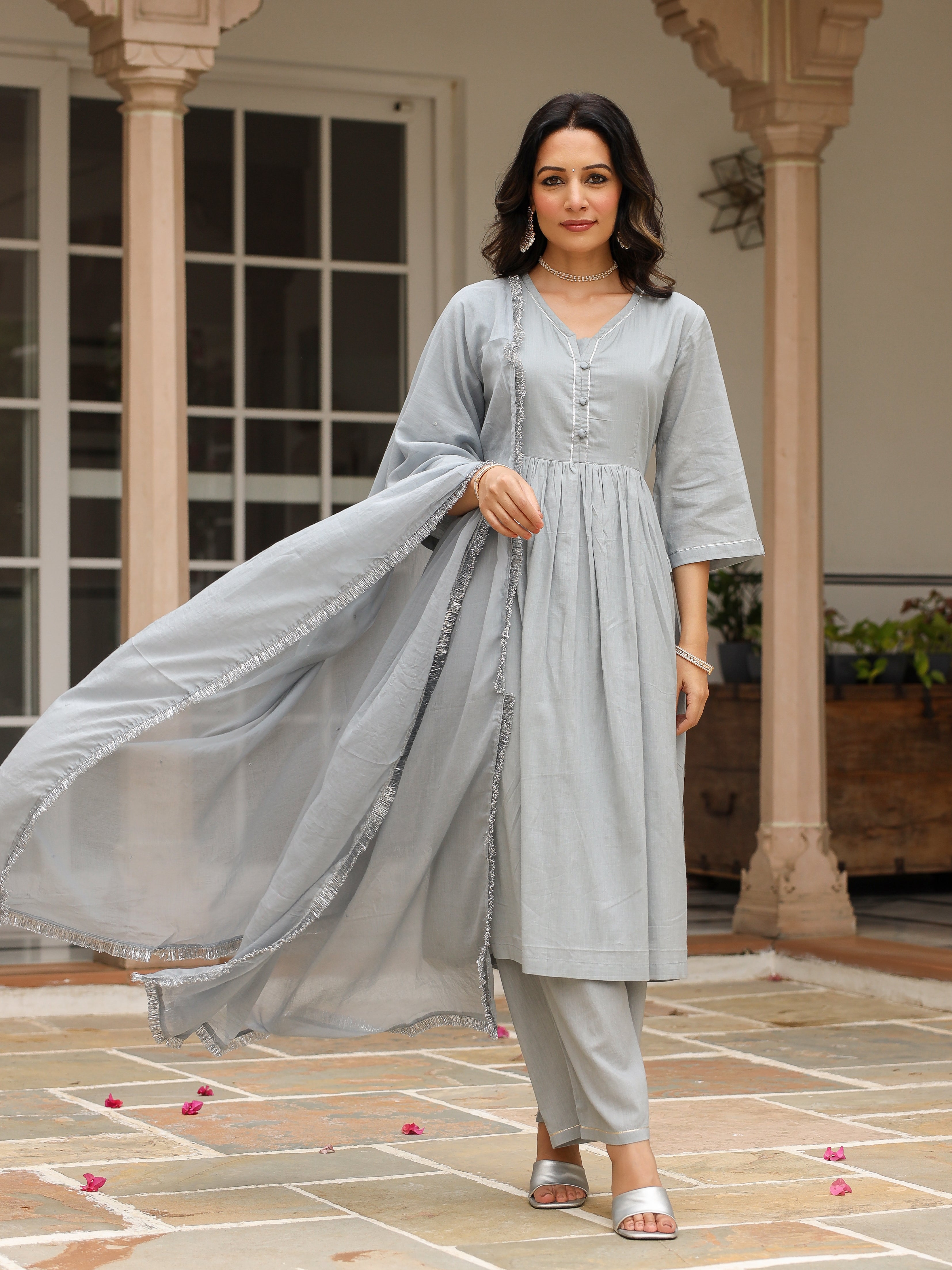 Grey mulmul cotton anarkali kurta set with trousers and dupatta