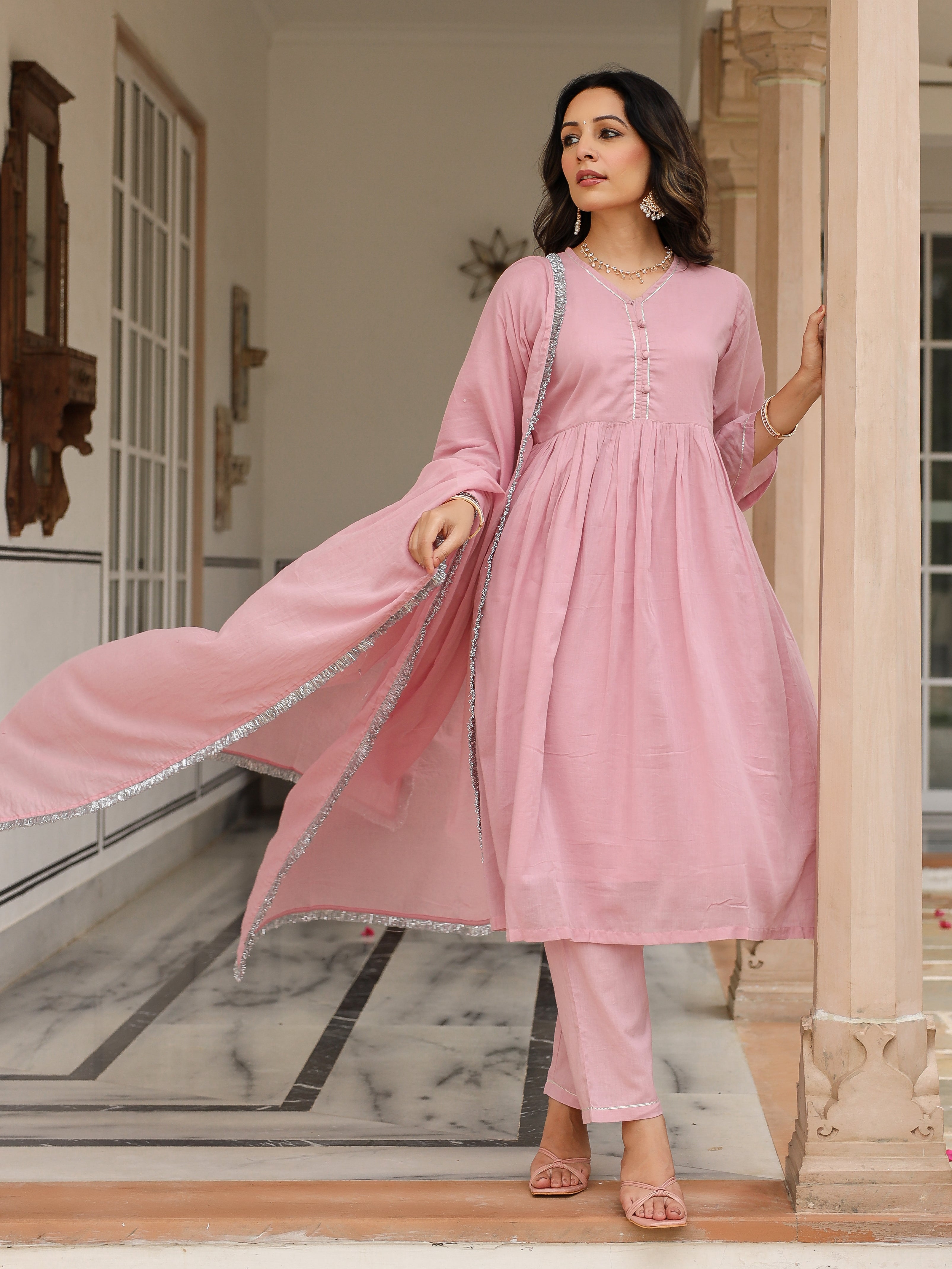 Baby pink mulmul cotton anarkali kurta set with trousers and dupatta