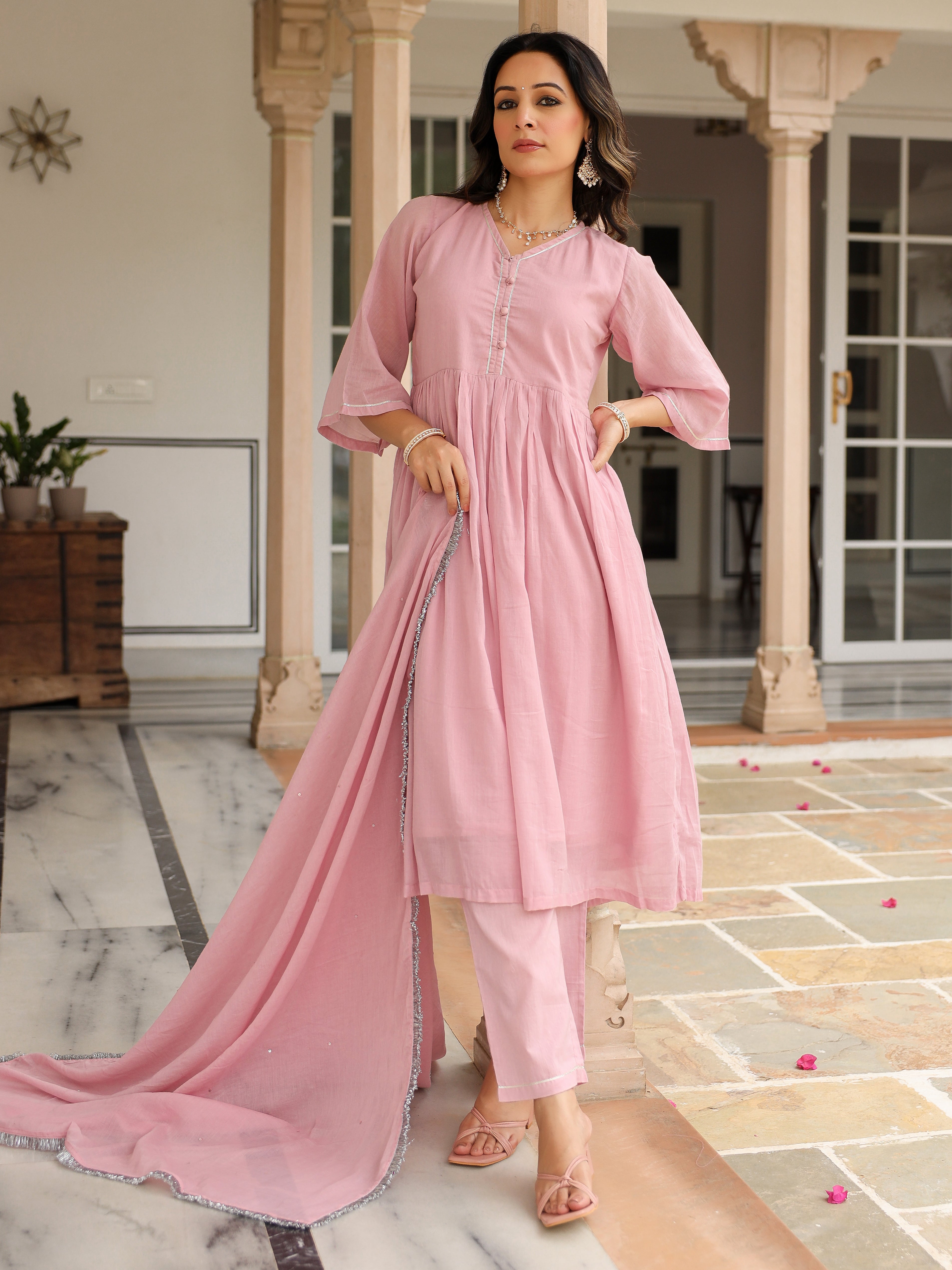 Baby pink mulmul cotton anarkali kurta set with trousers and dupatta