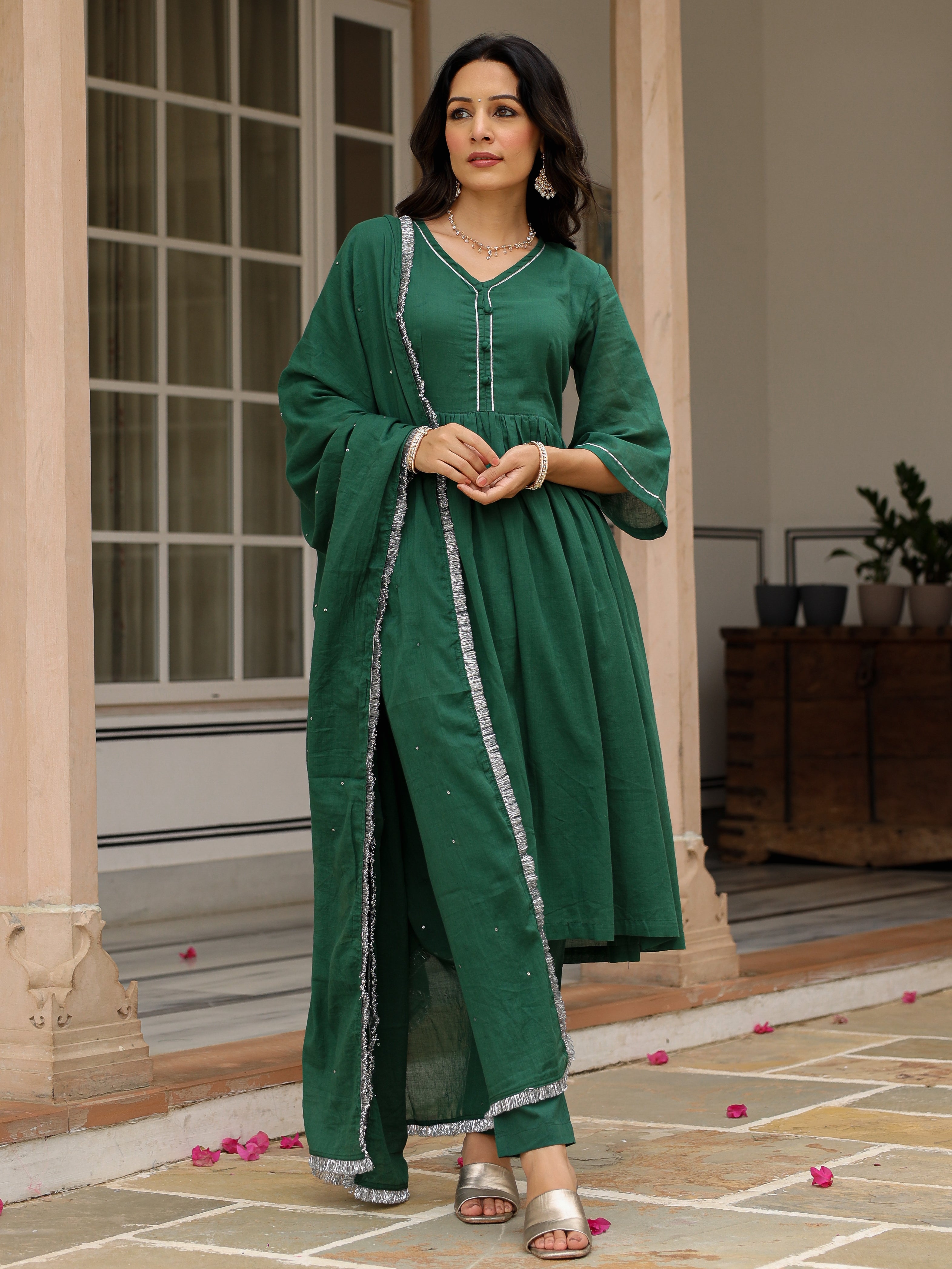 Bottle green mulmul cotton anarkali kurta set with trousers and dupatta