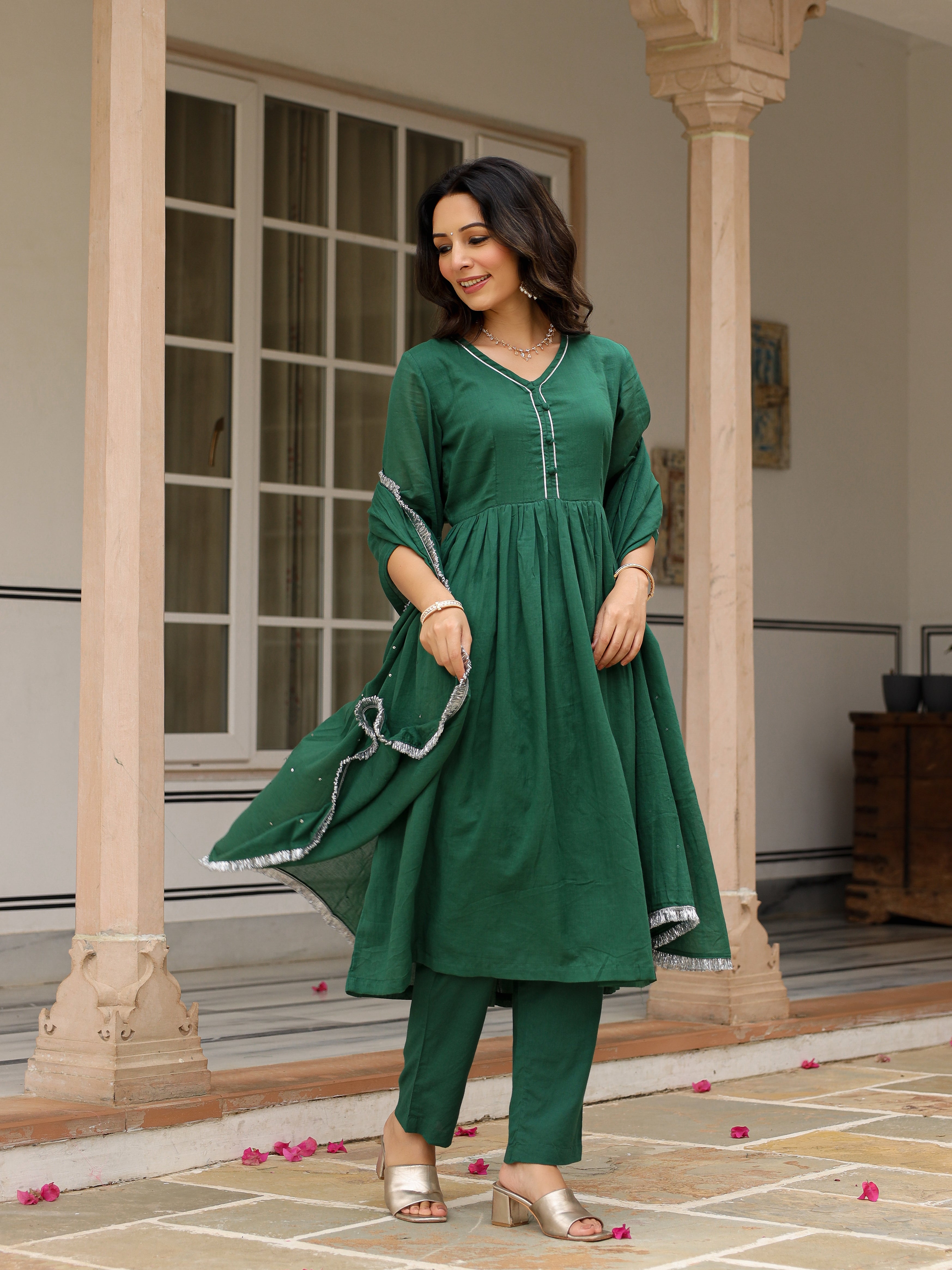 Bottle green mulmul cotton anarkali kurta set with trousers and dupatta