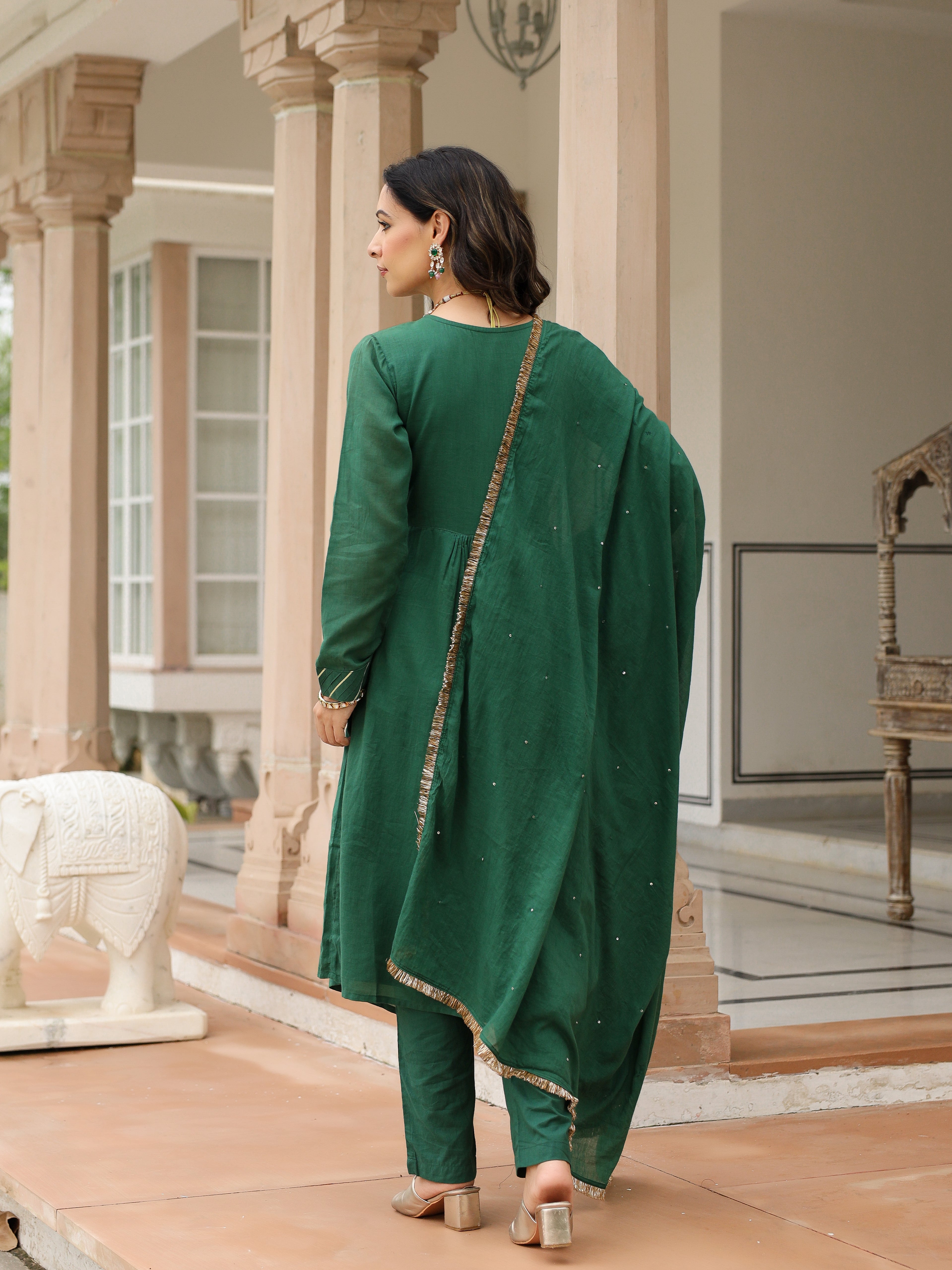 Bottle green mulmul cotton anarkali kurta set with trousers and dupatta