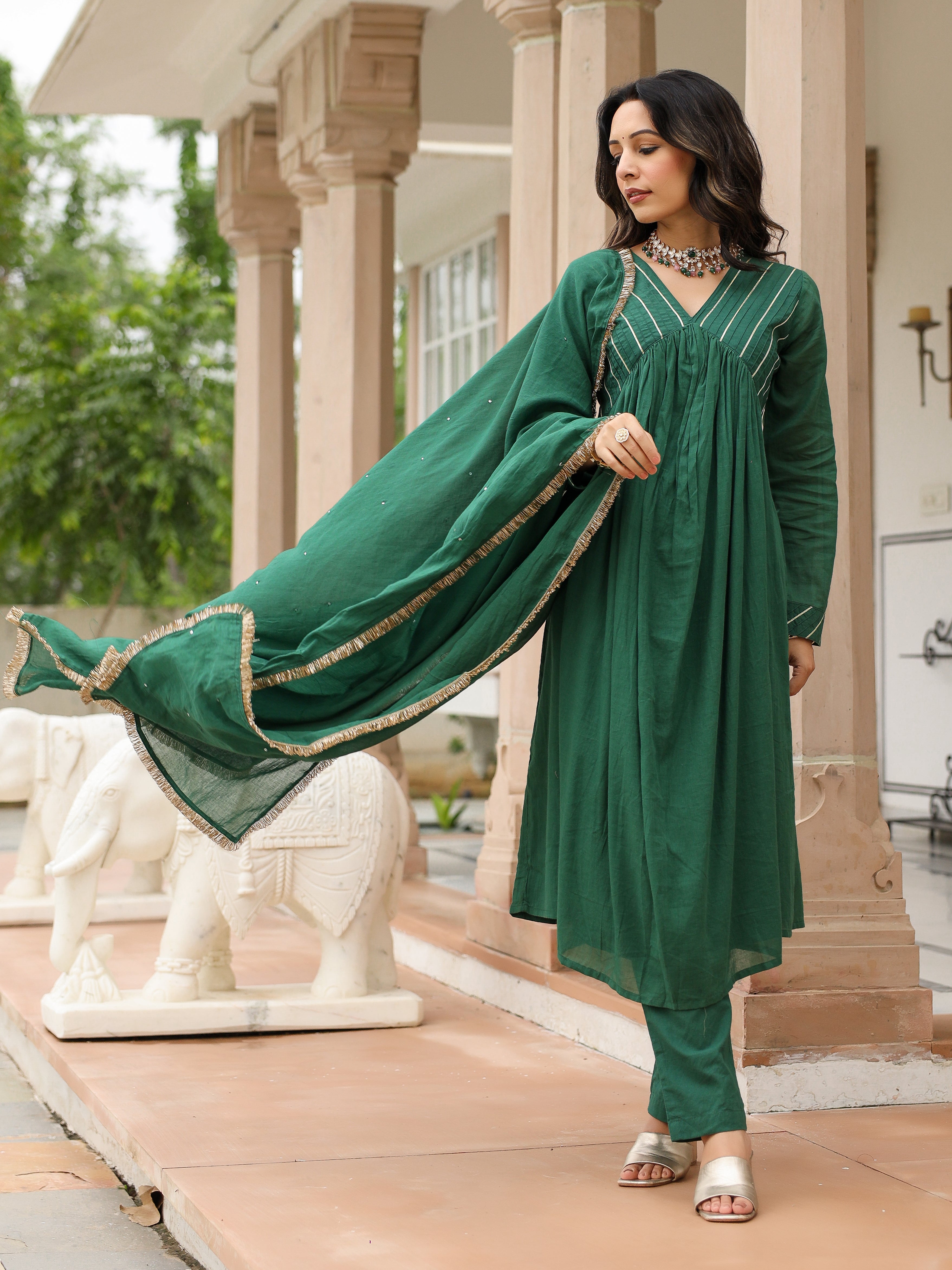 Bottle green mulmul cotton anarkali kurta set with trousers and dupatta