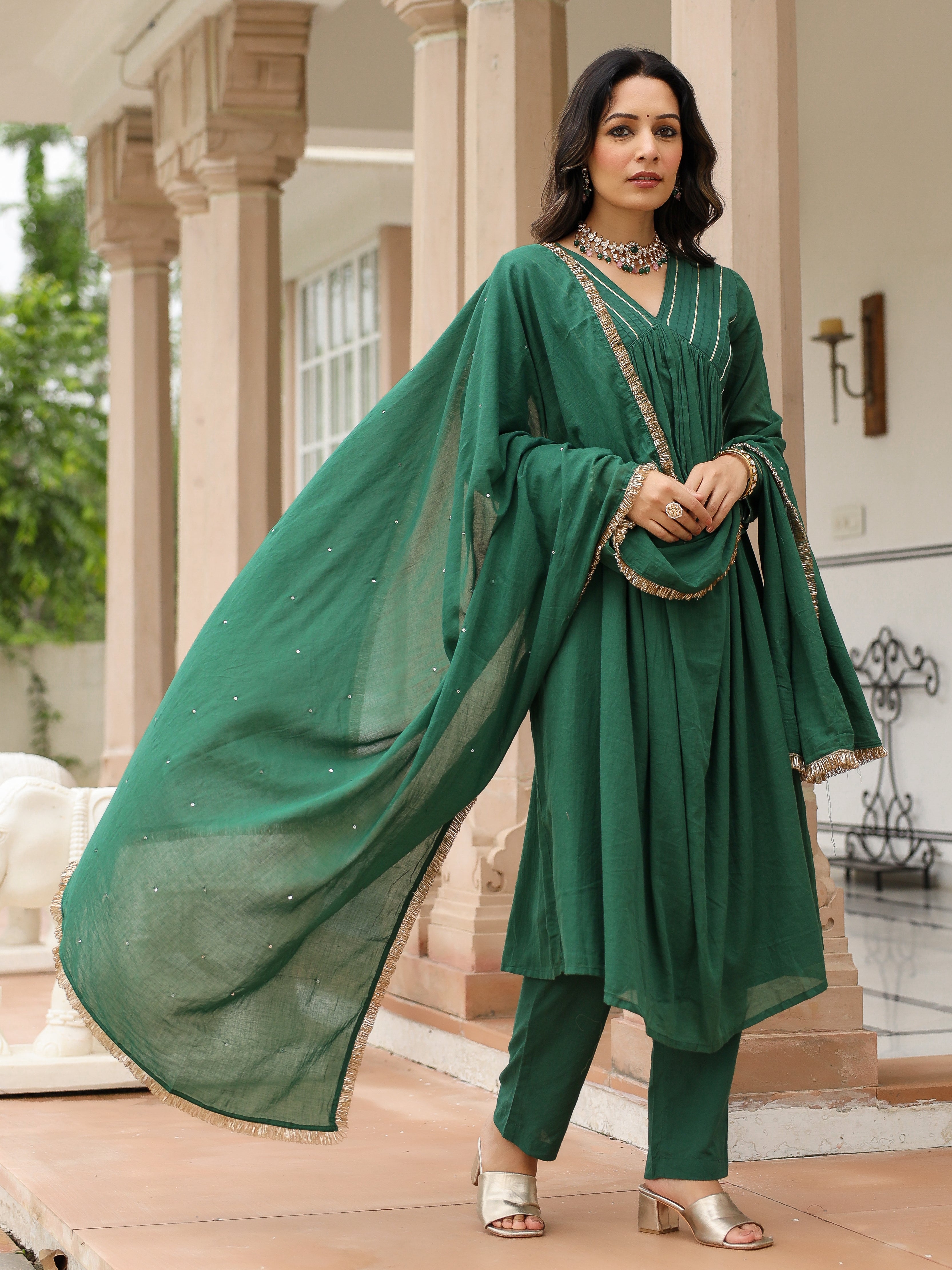 Bottle green mulmul cotton anarkali kurta set with trousers and dupatta