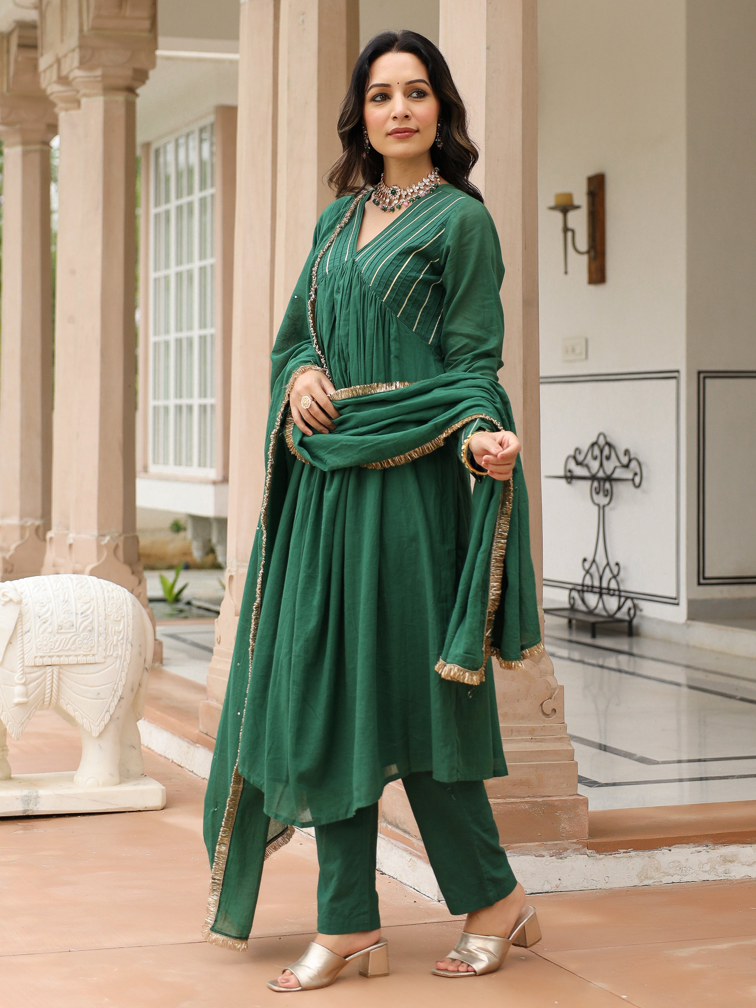 Bottle green mulmul cotton anarkali kurta set with trousers and dupatta