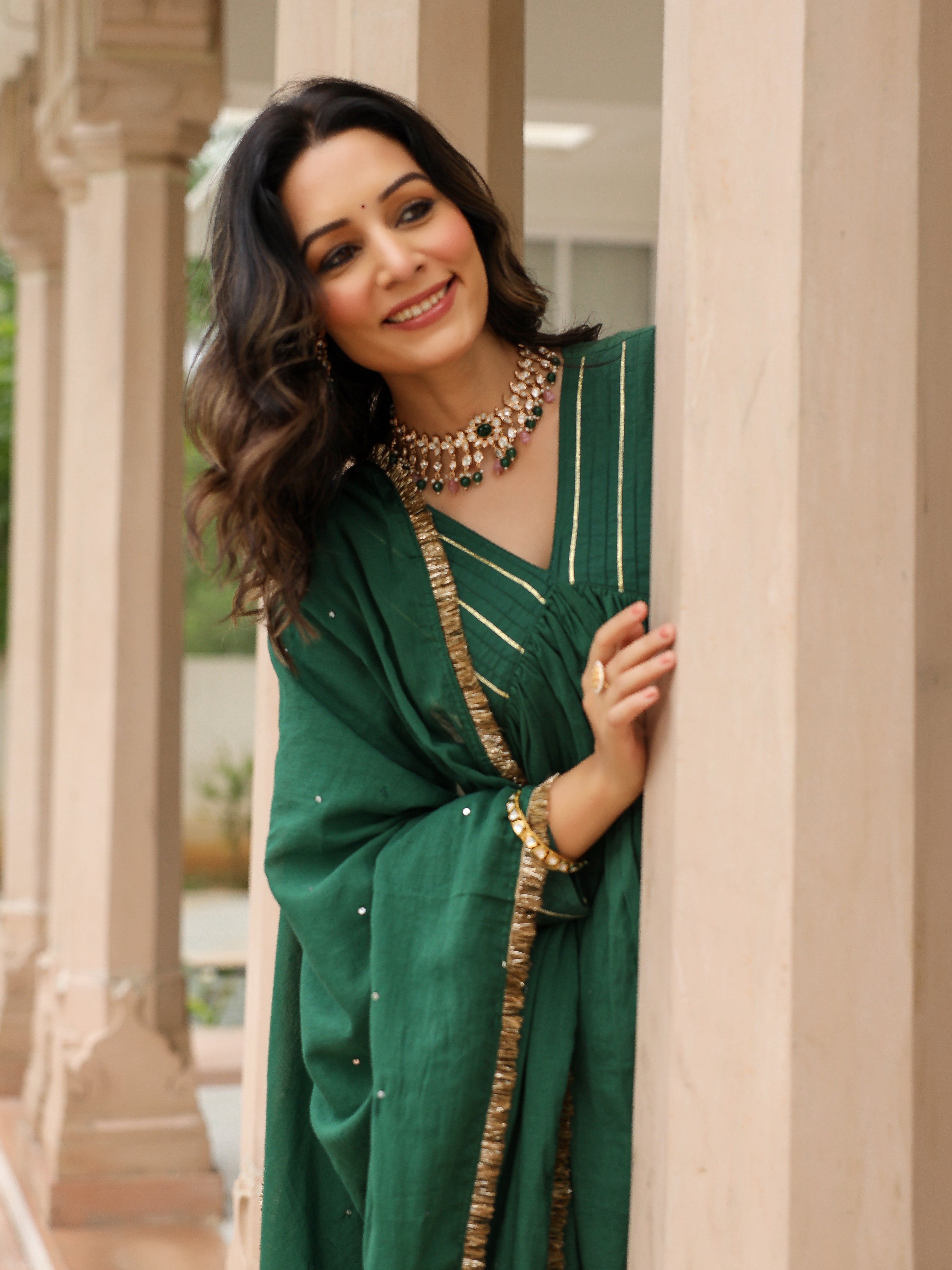 Bottle green mulmul cotton anarkali kurta set with trousers and dupatta